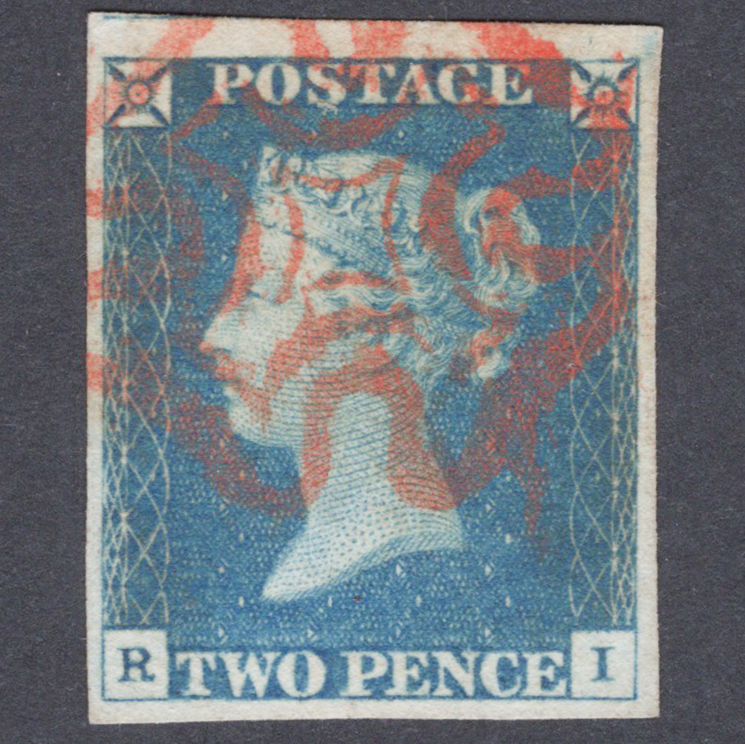 1840 2d Blue (Plate I) Lettered R-I (Shifted Transfer)