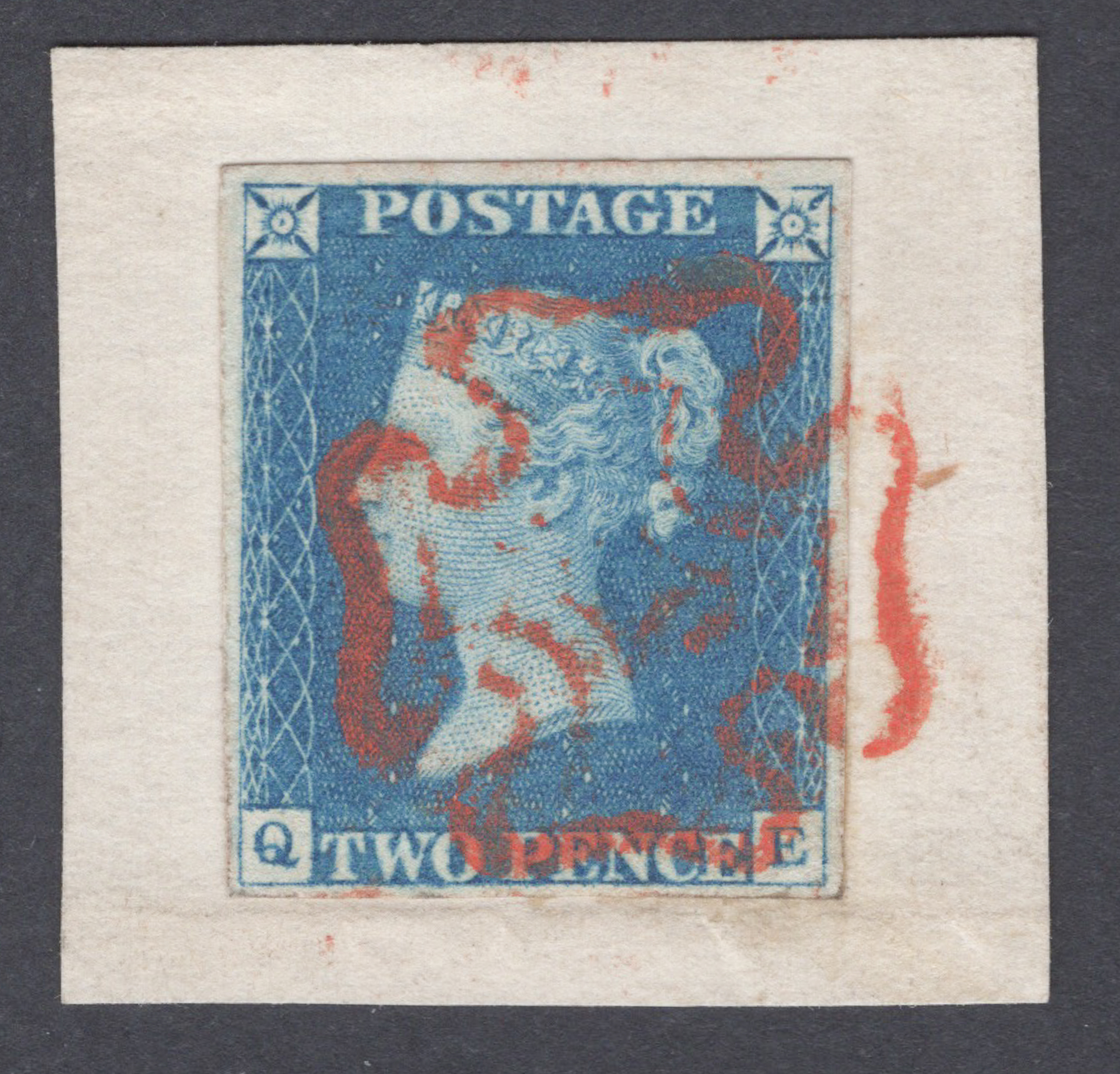 1840 2d Blue (Plate I) Lettered Q-E Used On Piece
