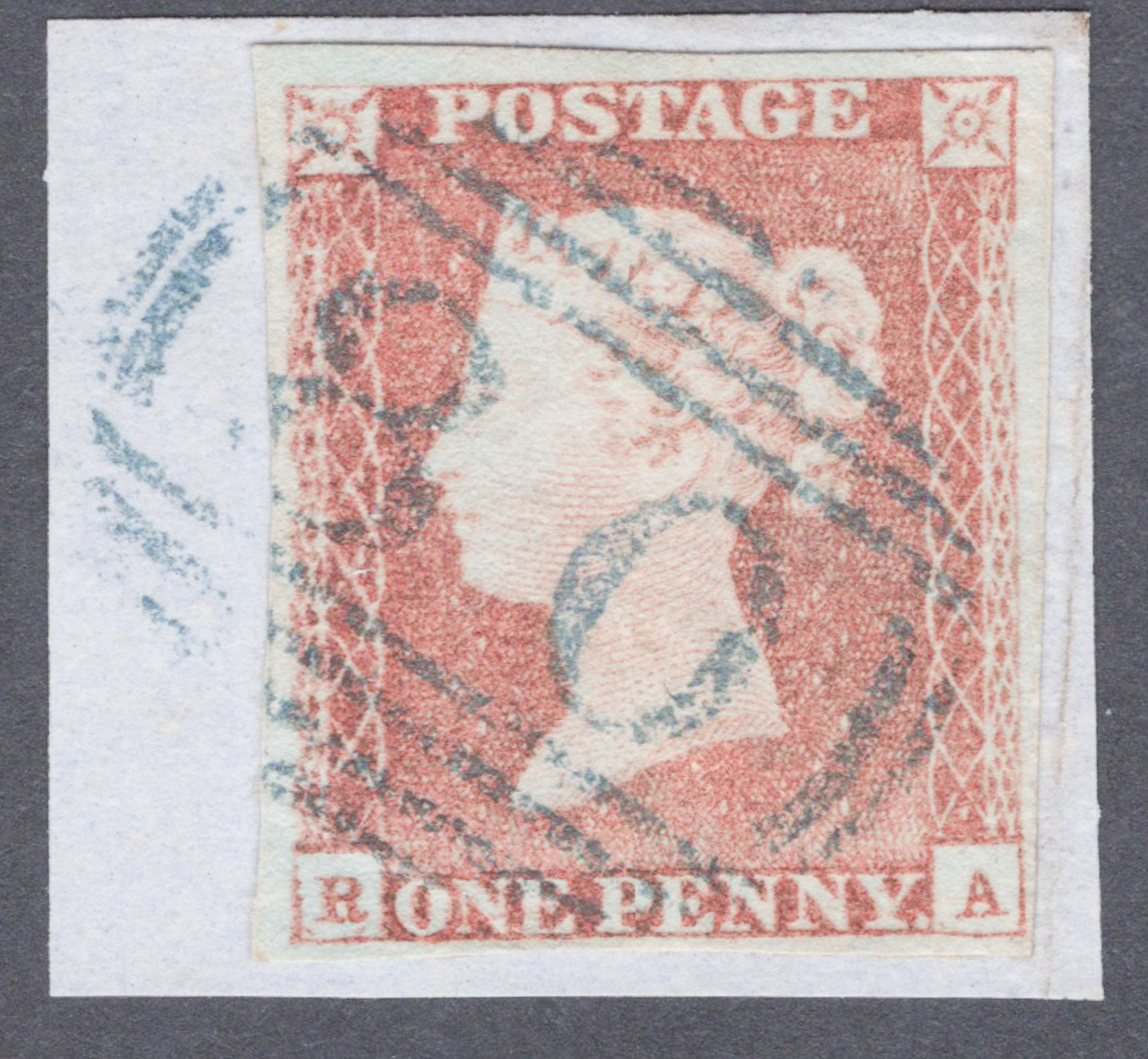 1841 1d Red-Brown Lettered R-A Blue 1844 Type Cancel