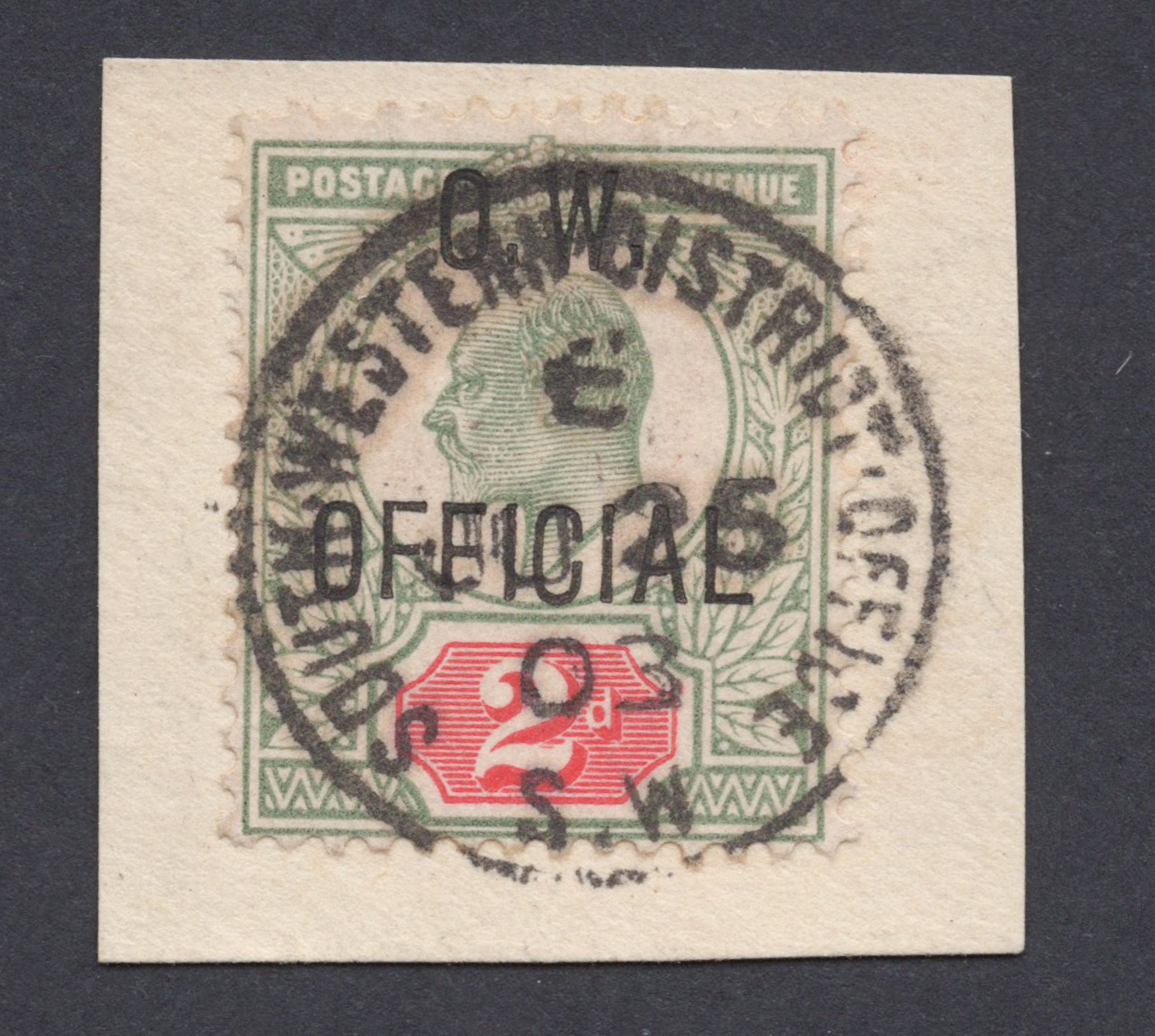 1902 2d Yellowish Green And Carmine O.W. OFFICIAL Used On Piece