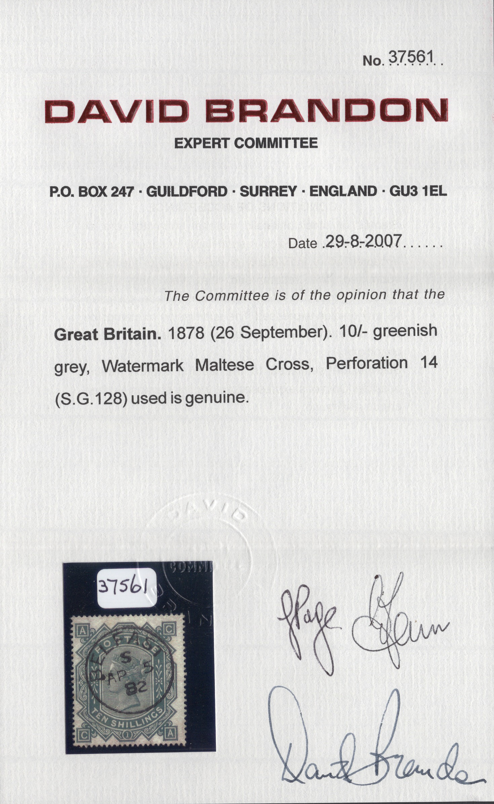 1878 10/- Greenish Grey Brilliant Used BELFAST C.D.S. - Image 3