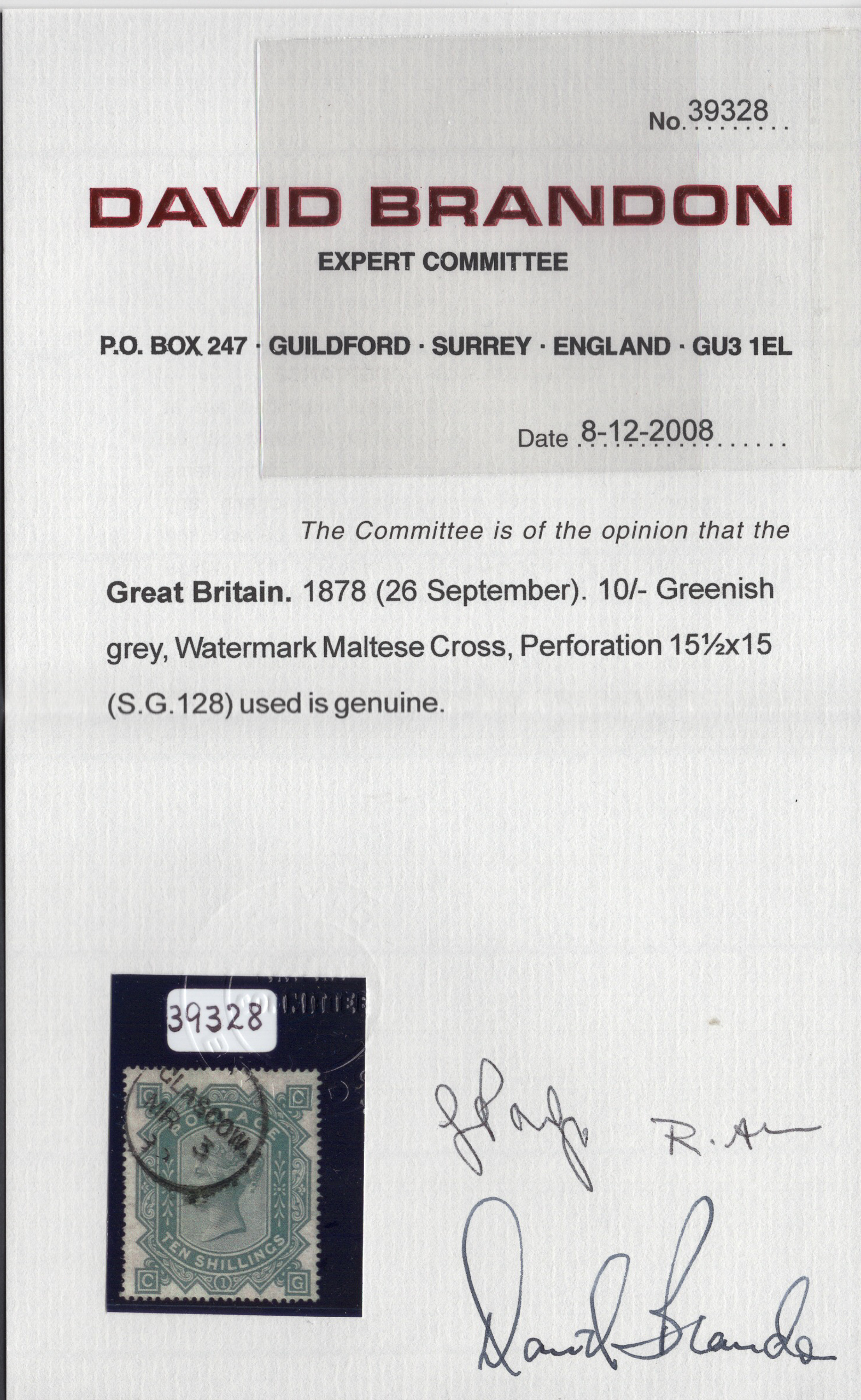 1878 10/- Greenish Grey Brilliant Used GLASGOW C.D.S. - Image 3