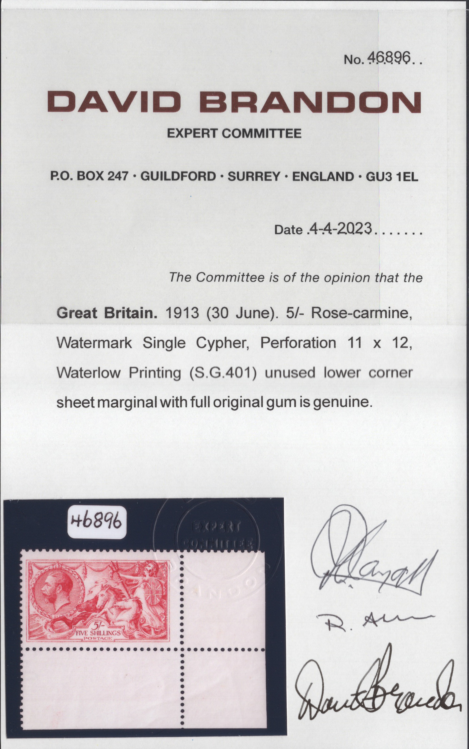1913 5/- Rose-Carmine Unmounted Corner Example - Image 3
