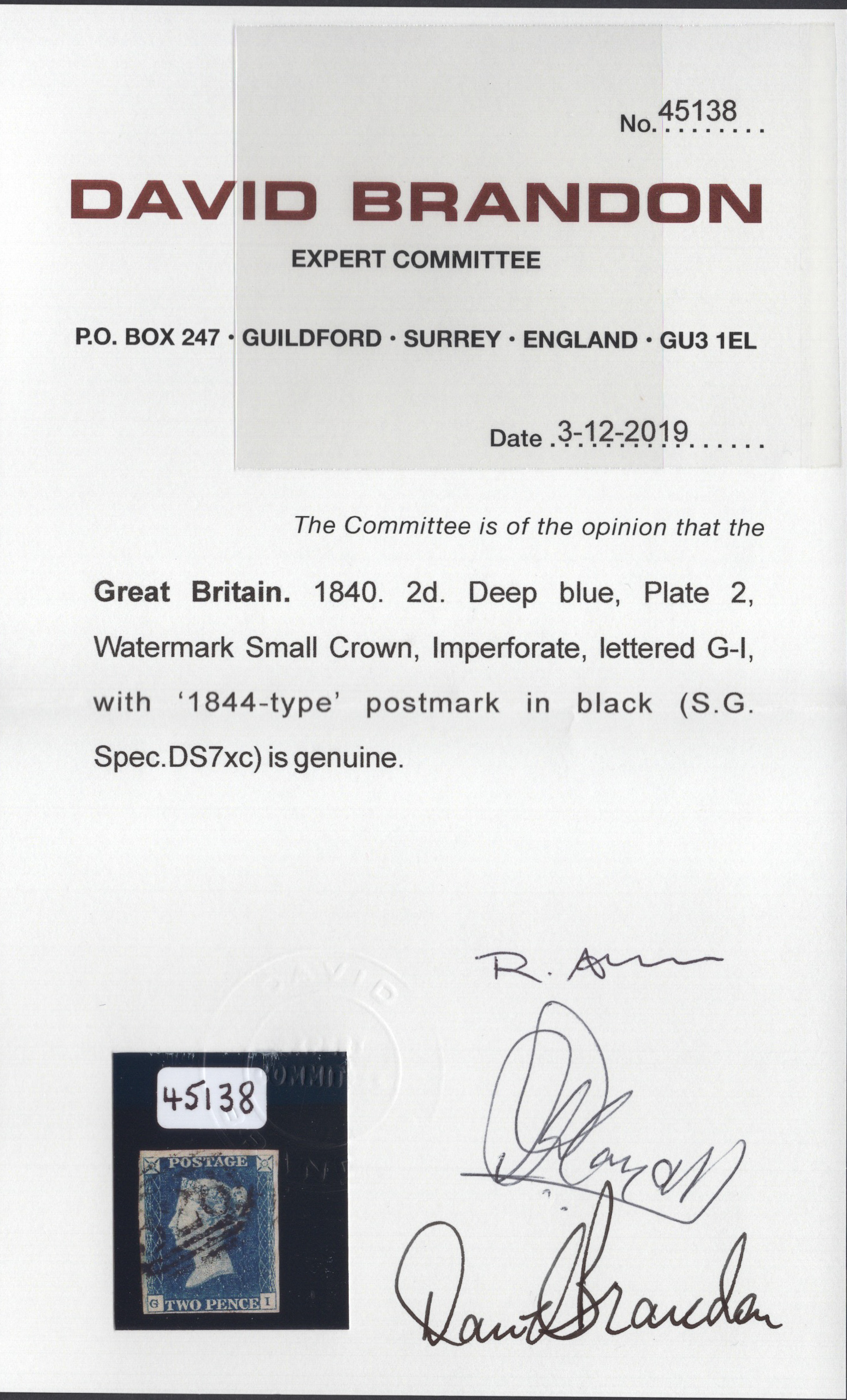 1840 2d Deep Full Blue (Plate II) Lettered G-I With '1844' Type Postmark - Image 3
