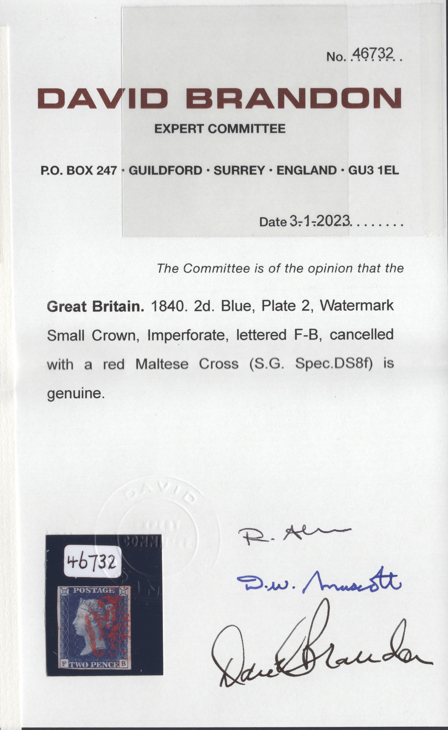 1840 2d Blue (Plate II) Lettered F-B Red Cancelled Red Maltese Cross - Image 3