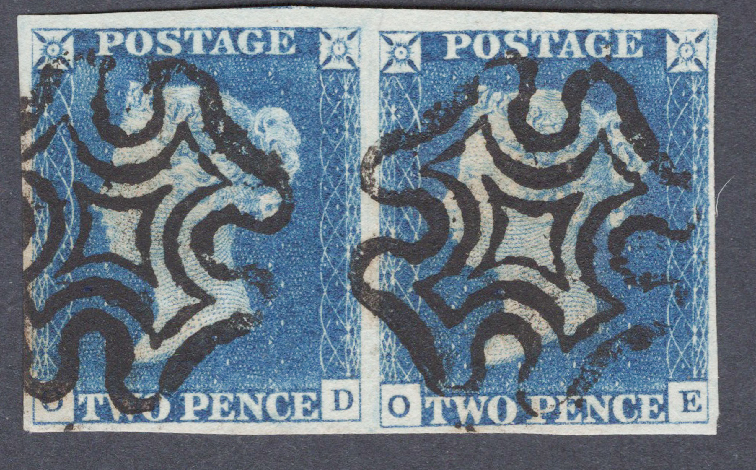 1840 2d Deep Full Blue (Plate I) Lettered O-D/O-E Horizontal Pair