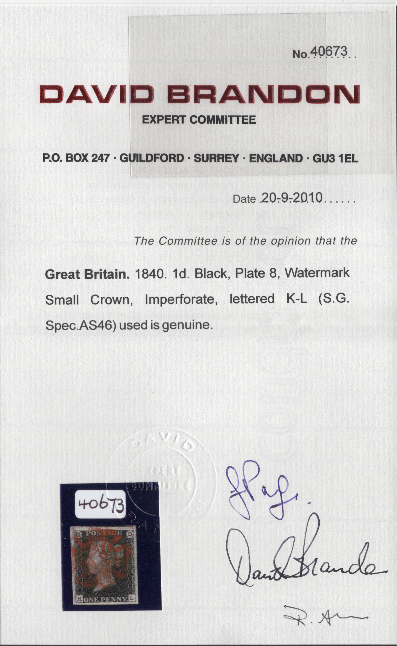 1840 1d Black (Plate VIII) Lettered K-L - Image 3
