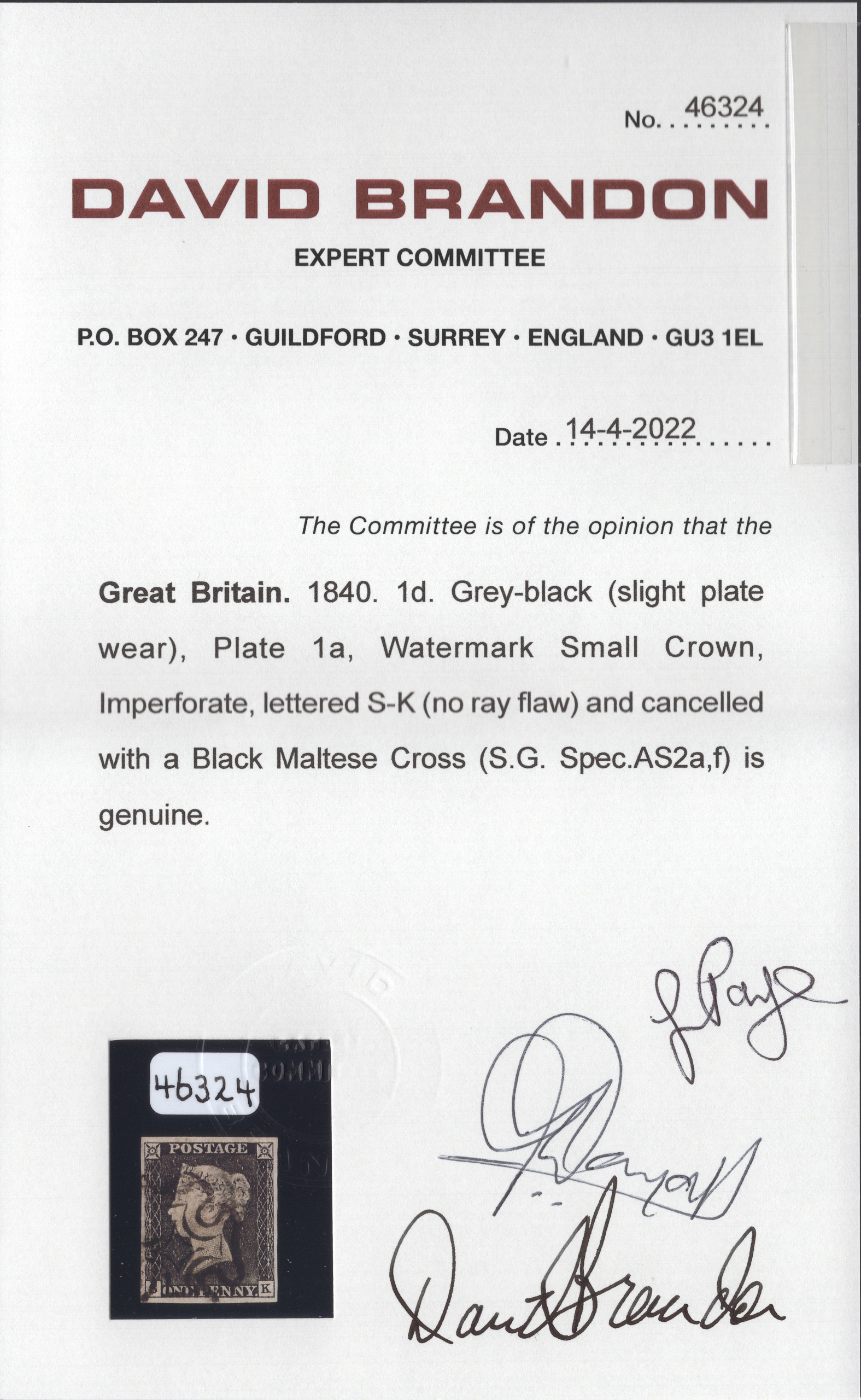 1840 1d Grey-Black (Plate 1a) Lettered S-K - Image 3