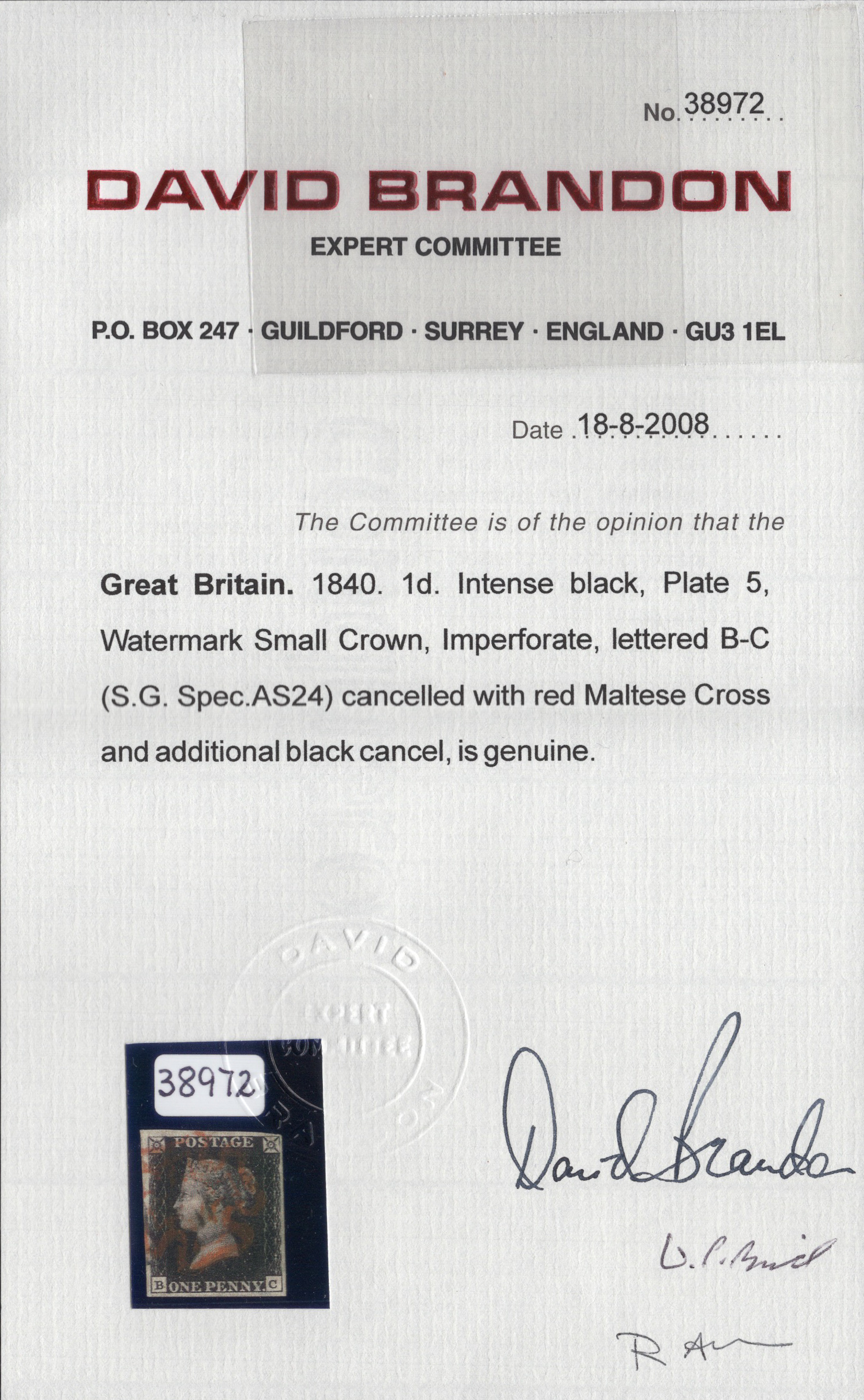 1840 1d Intense Black (Plate V) Lettered B-C - Image 3