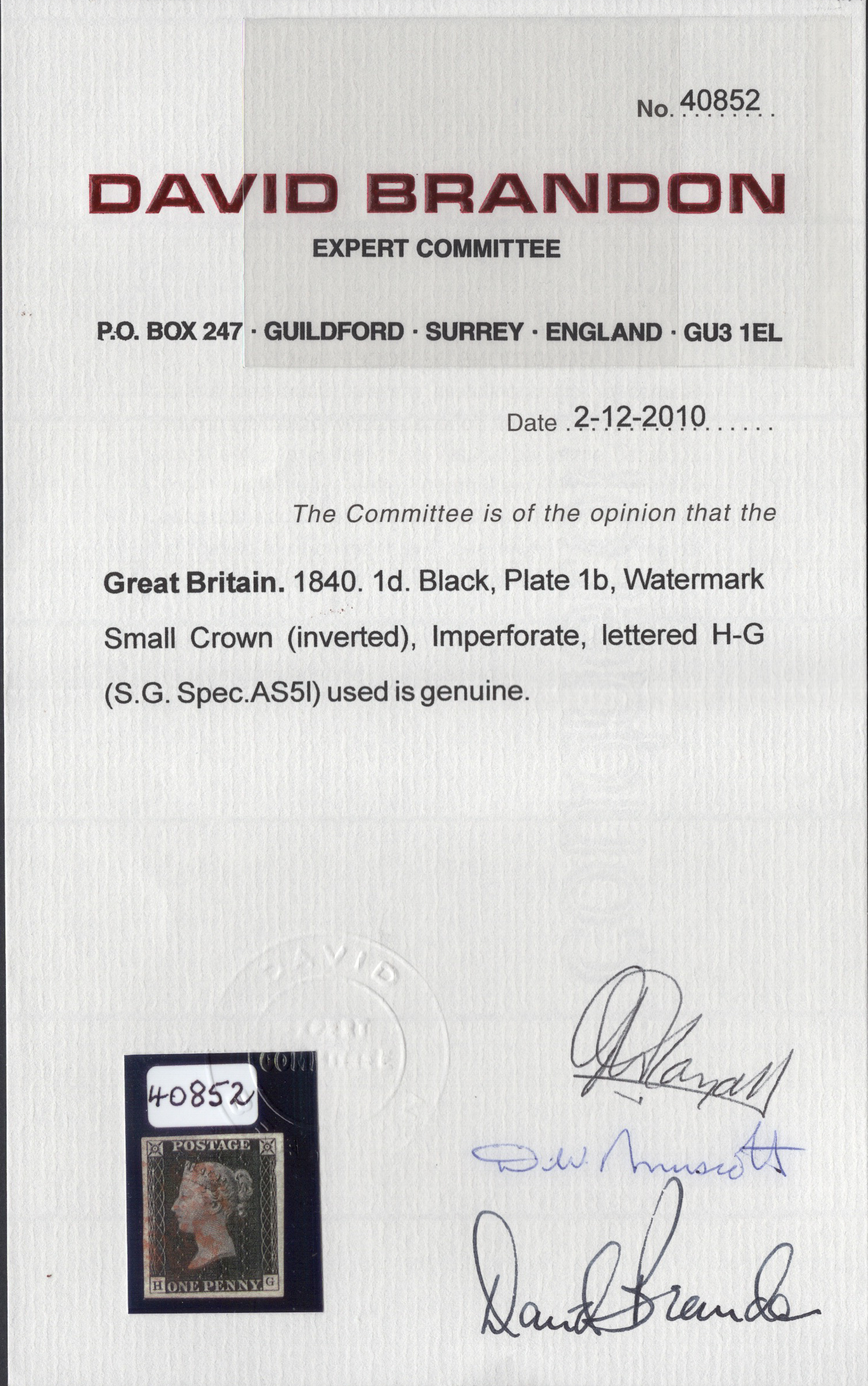 1840 1d Black (Plate 1b) Lettered H-G Watermark Inverted - Image 3