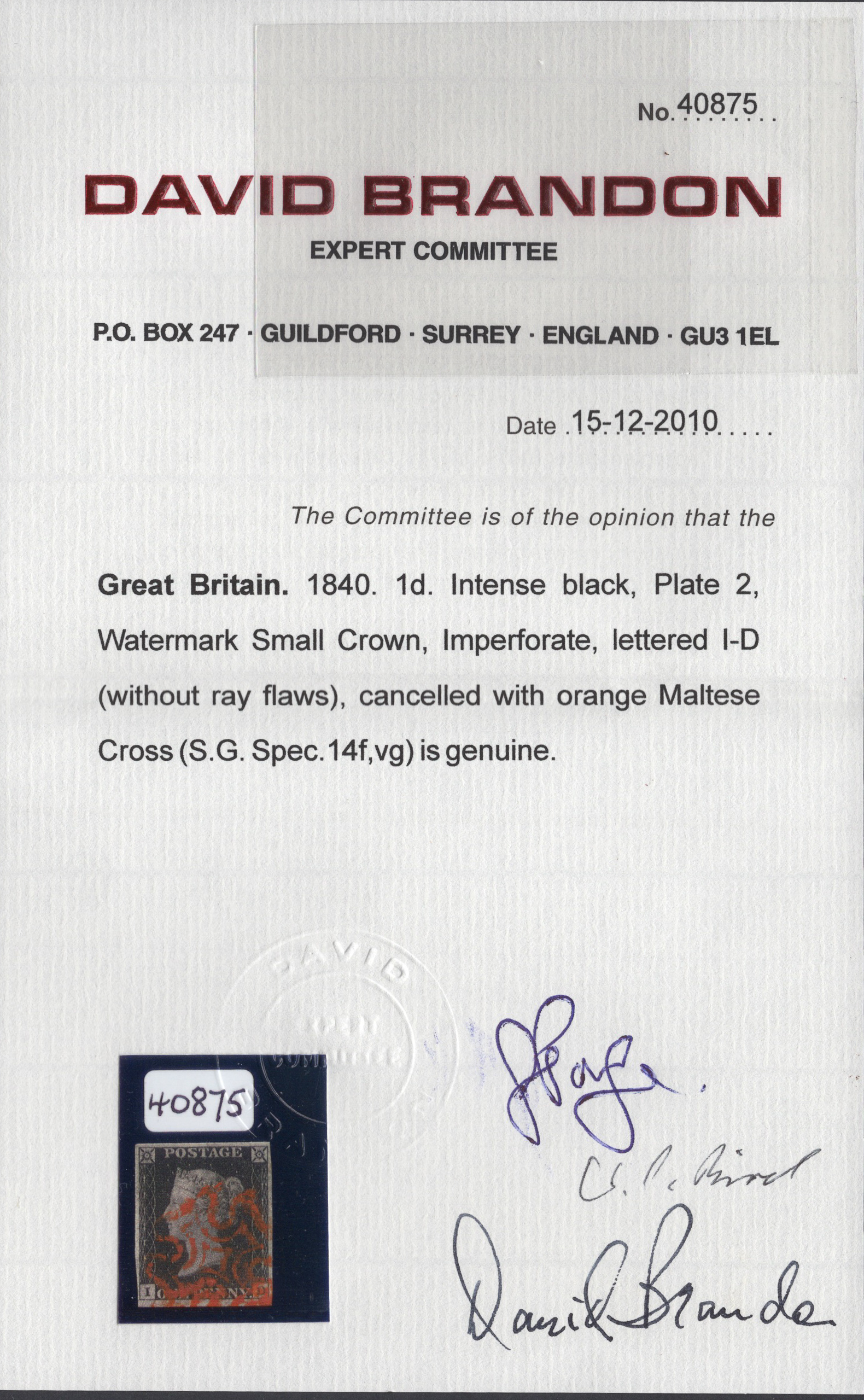 1840 1d Intense Black (Plate II) Lettered I-D Without Ray Flaw - Image 3