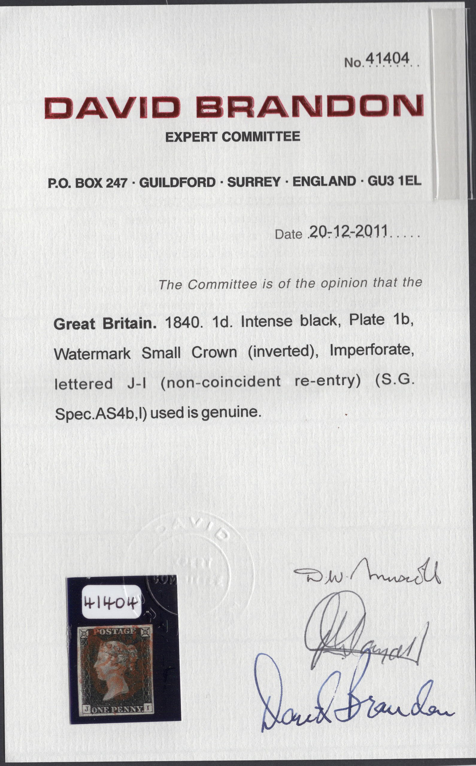 1840 1d Intense-Black (Plate 1b) Lettered J-I Watermark Inverted - Image 3