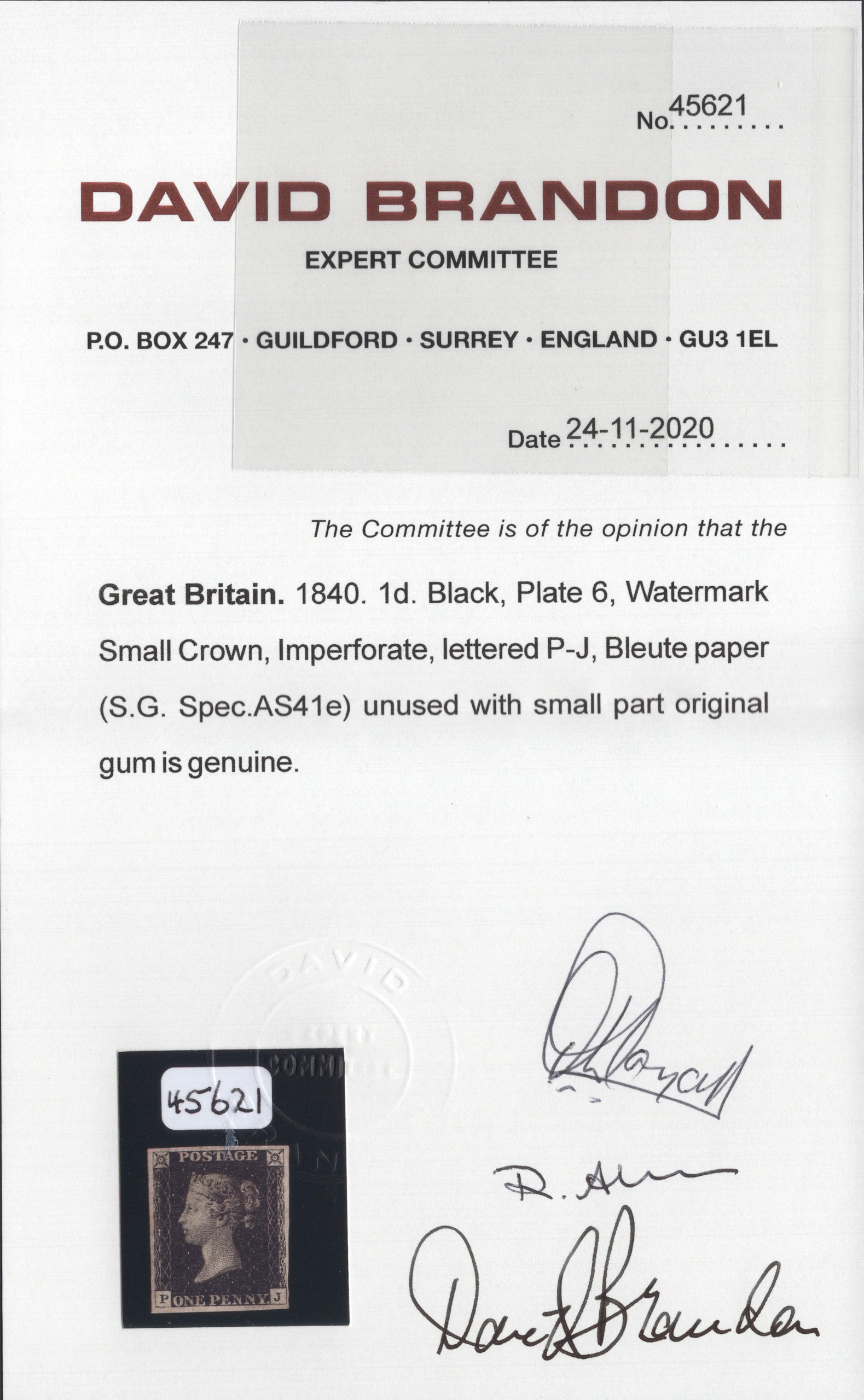1840 1d Black (Plate VI) Lettered P-J Bleute Paper Mint - Image 3