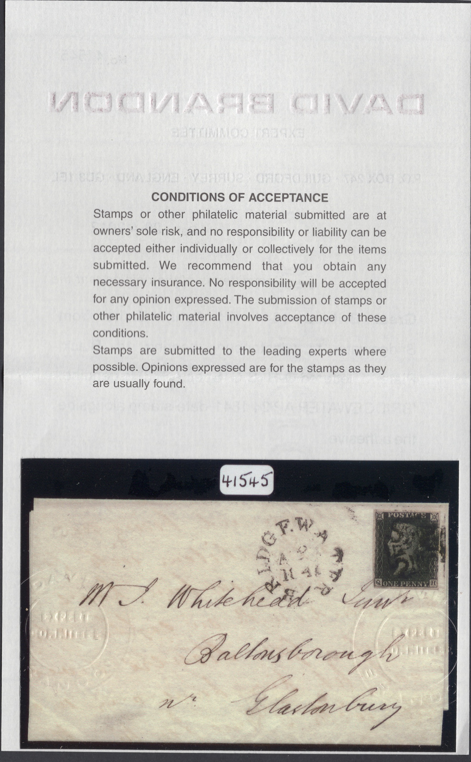1840 1d Black (Plate XI) Lettered Q-H Entire - Image 3