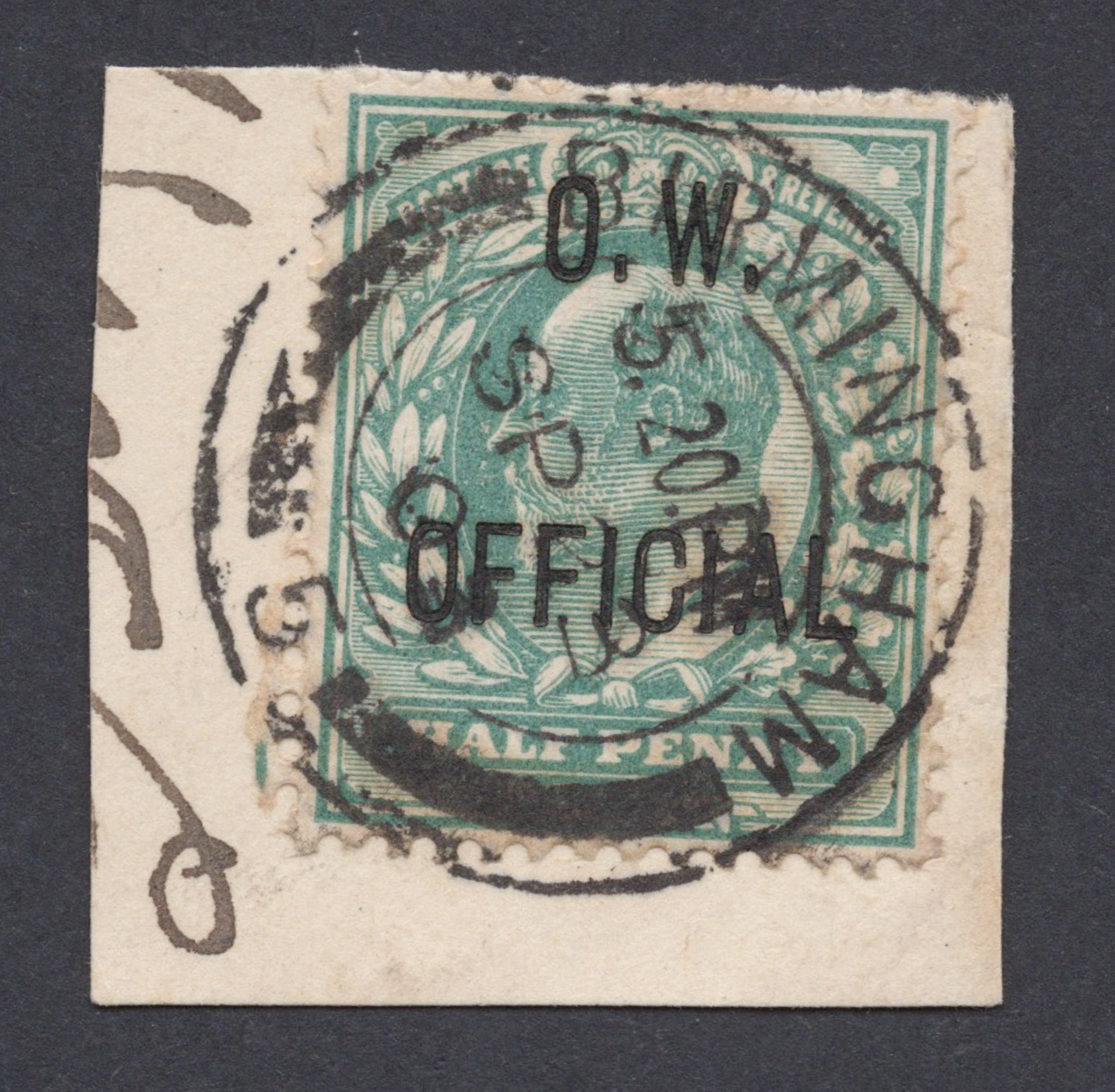 1902 ½d Blue-Green O.W. OFFICIAL Superb Used On Piece