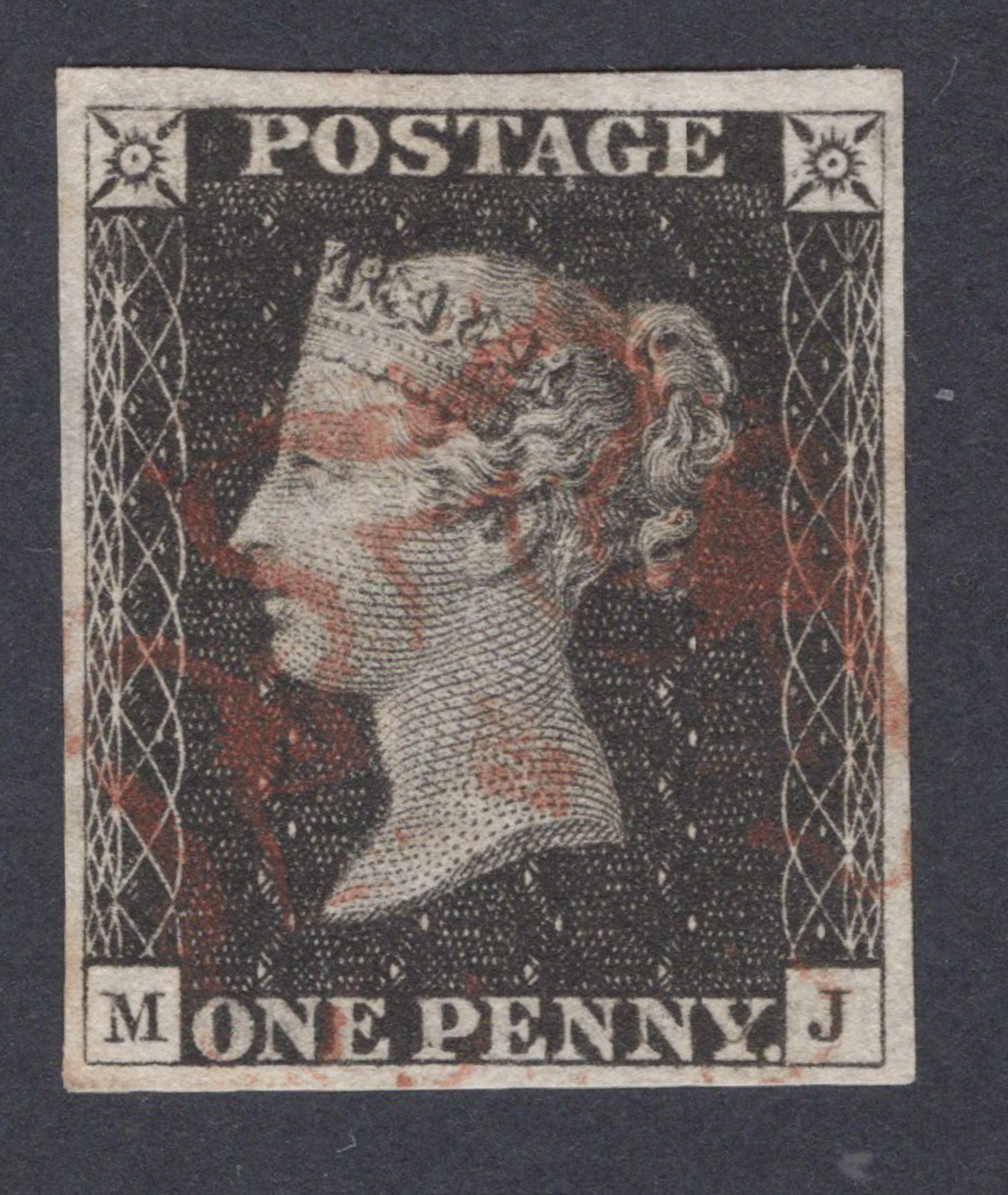 1840 1d Black (Plate 1b) Lettered M-J Bleute Paper