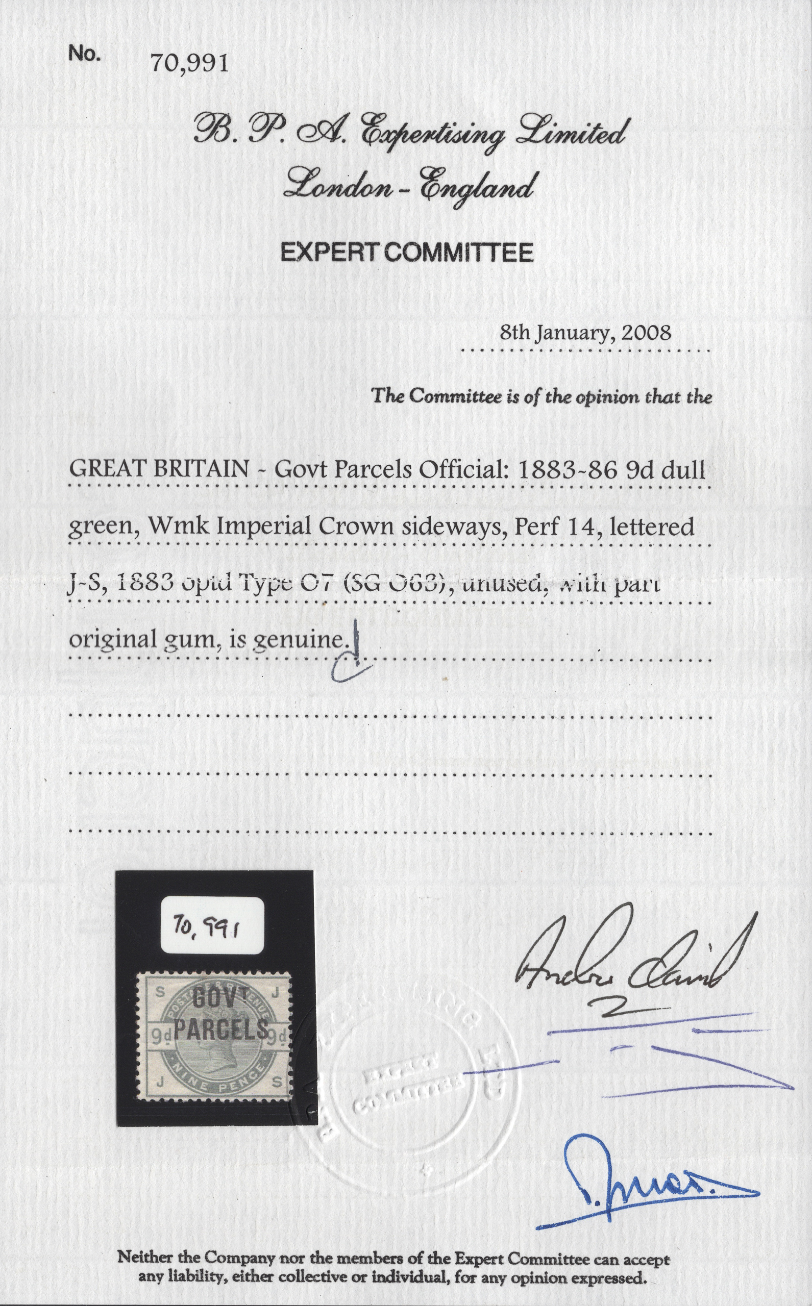 1883 9d Dull Green GOV.T PARCELS Official - Image 3