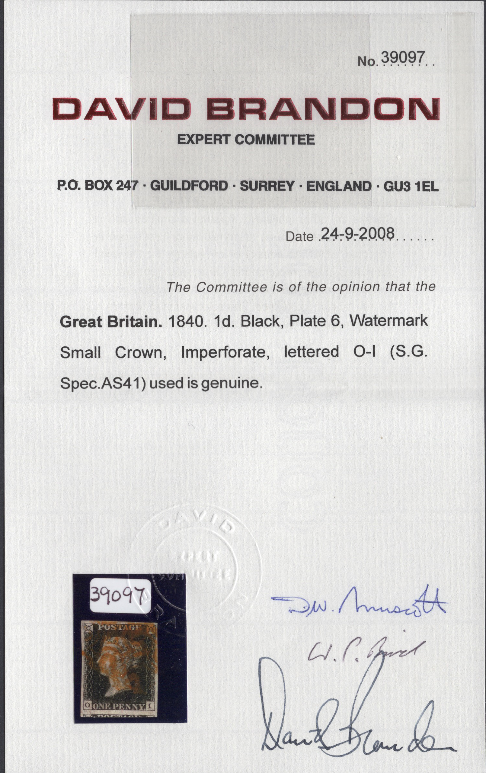 1840 1d Black (Plate VI) Lettered O-I - Image 3