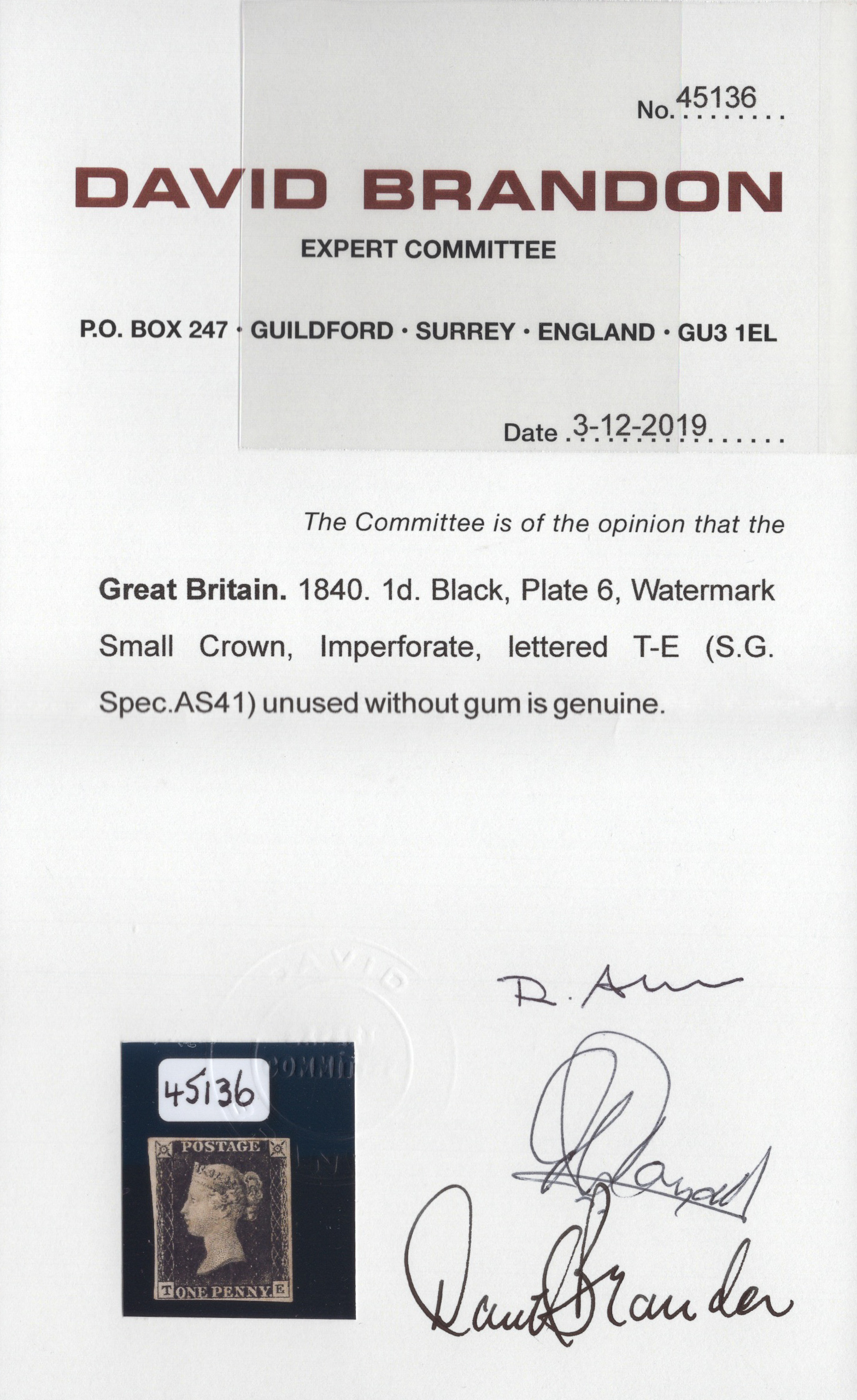 1840 1d Black (Plate VI) Lettered T-E Unused - Image 3