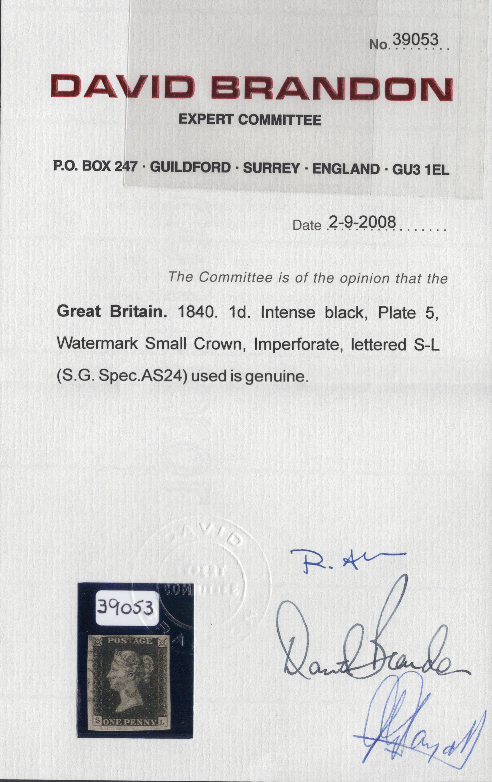1840 1d Intense-Black (Plate V) Lettered S-L - Image 3