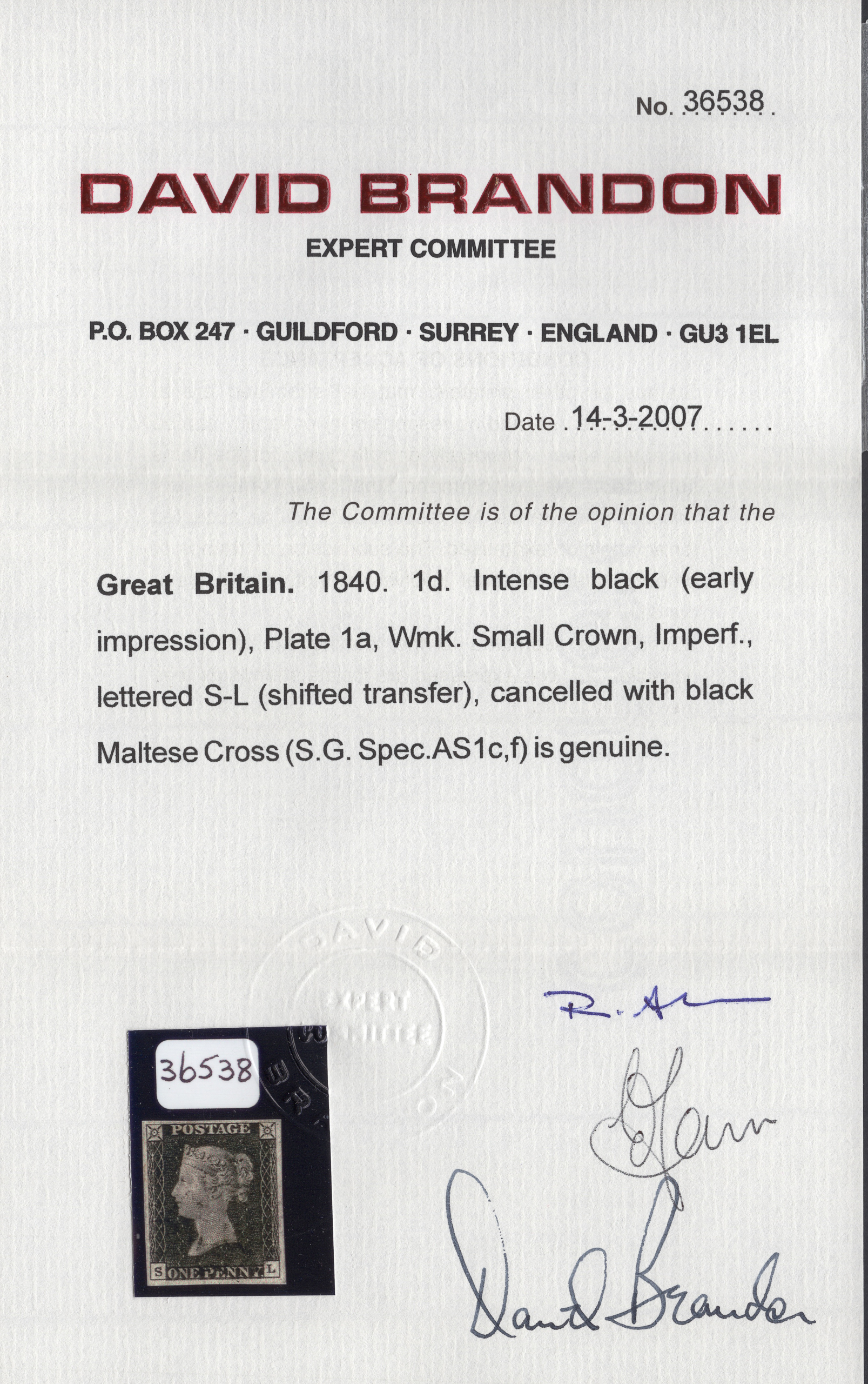 1840 1d Intense Black (Plate 1a) Lettered S-L - Image 3