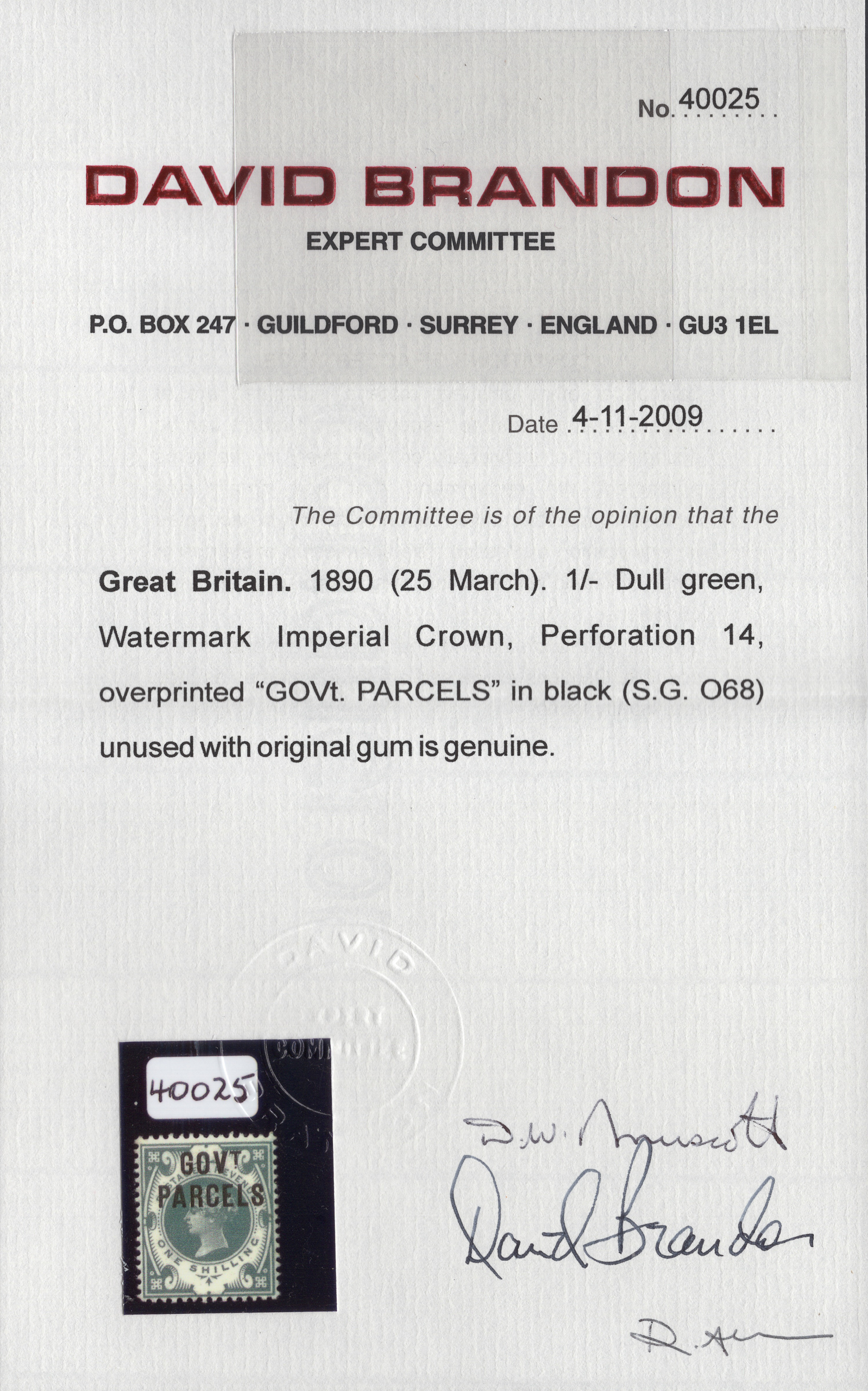 1898 1/- Dull Green GOV.T PARCELS Official - Image 3