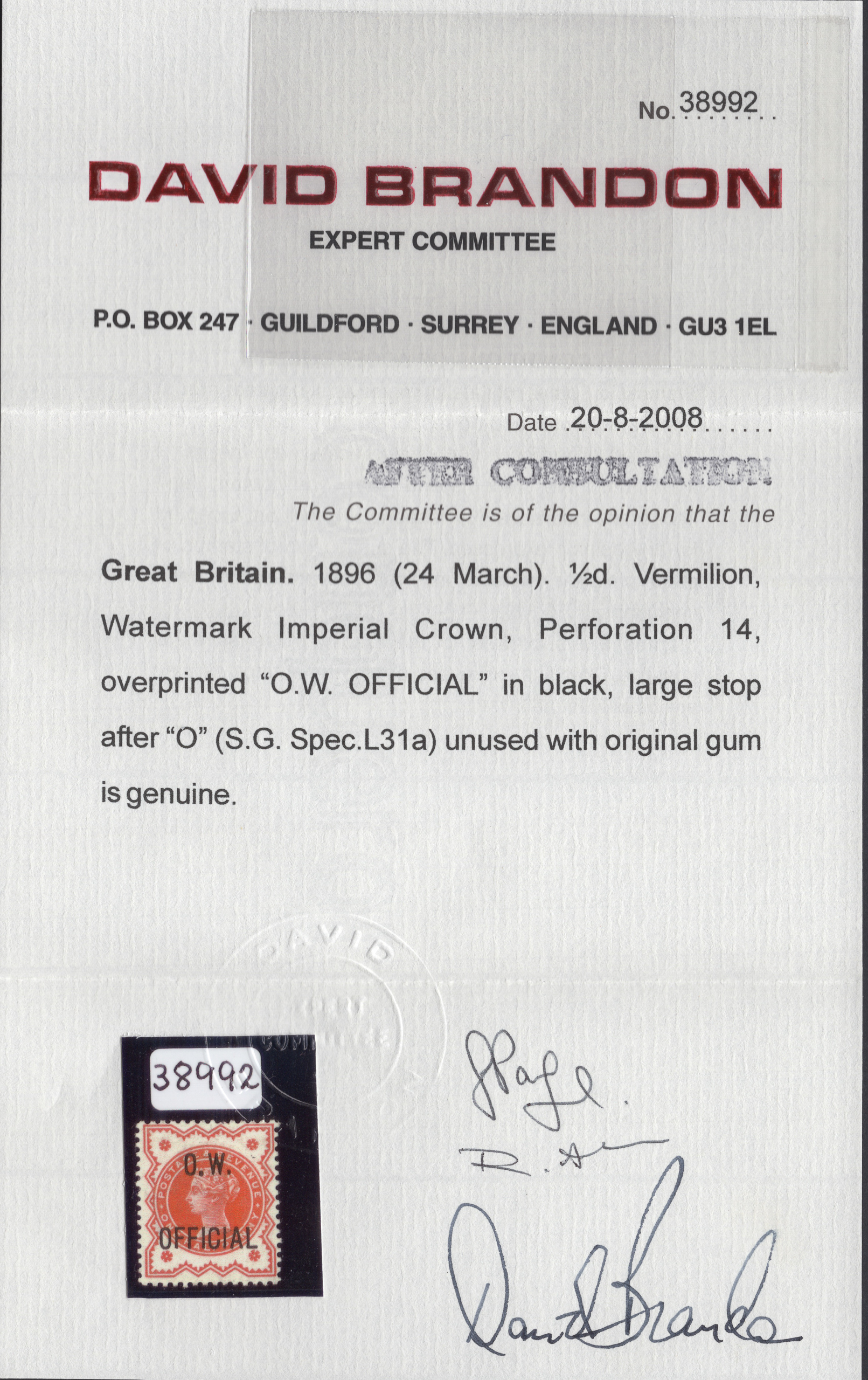 1896 ½d Vermilion O.W. OFFICIAL Large Stop After 'O' - Image 3