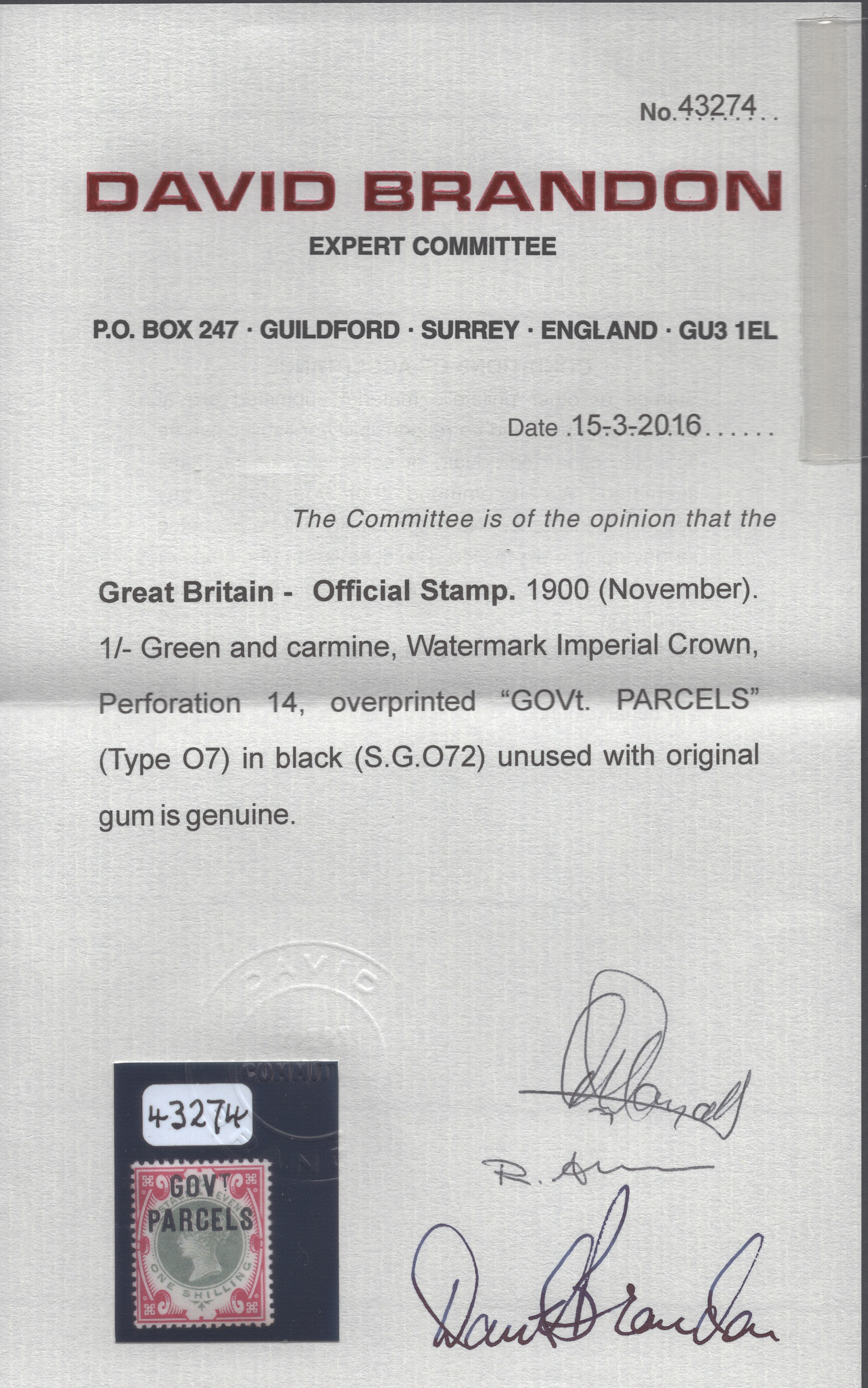 1902 1/- Dull Green And Carmine GOV.T PARCELS Official - Image 3
