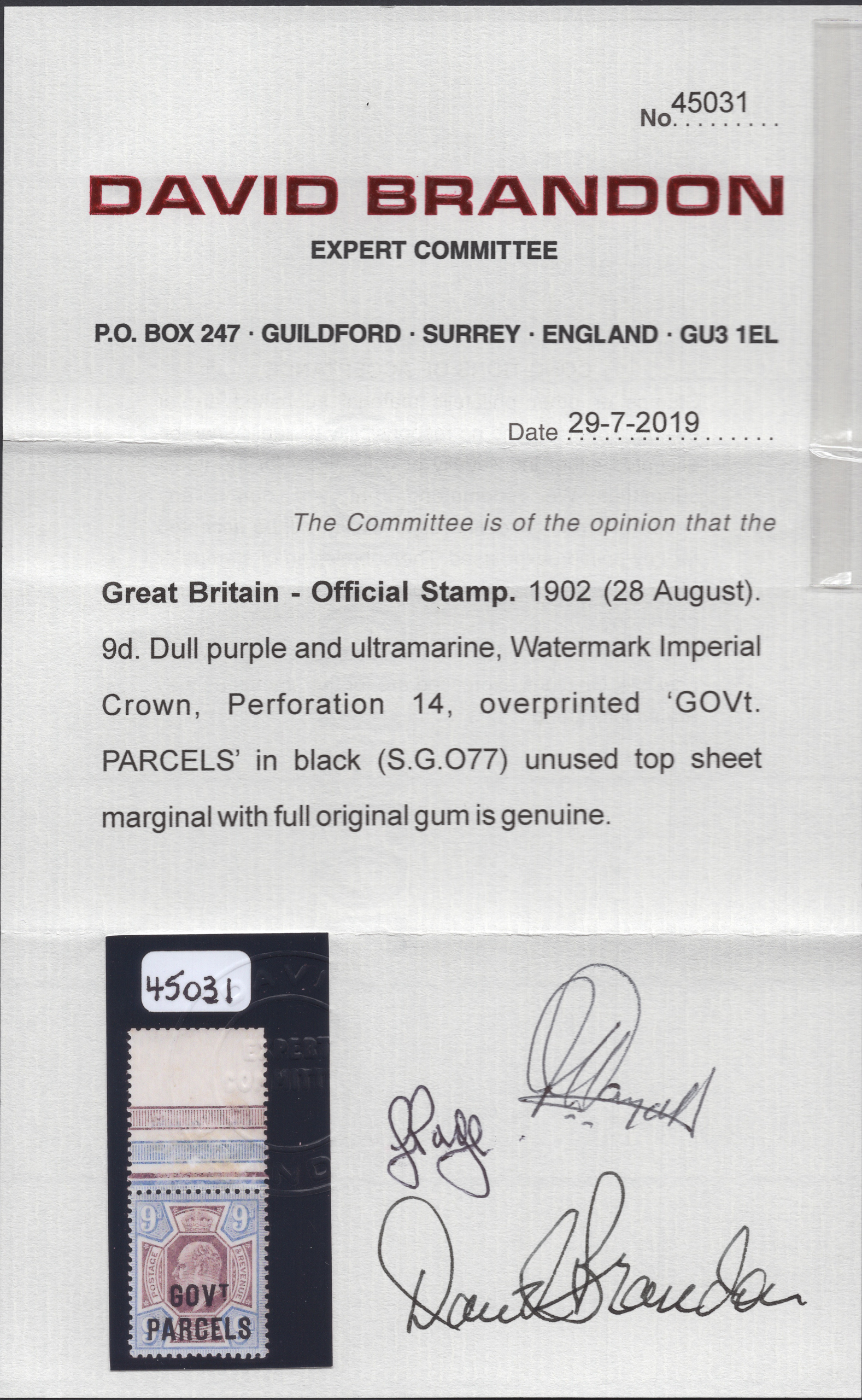 1902 9d Dull Purple And Ultramarine GOV.T PARCELS Official Unmounted - Image 3