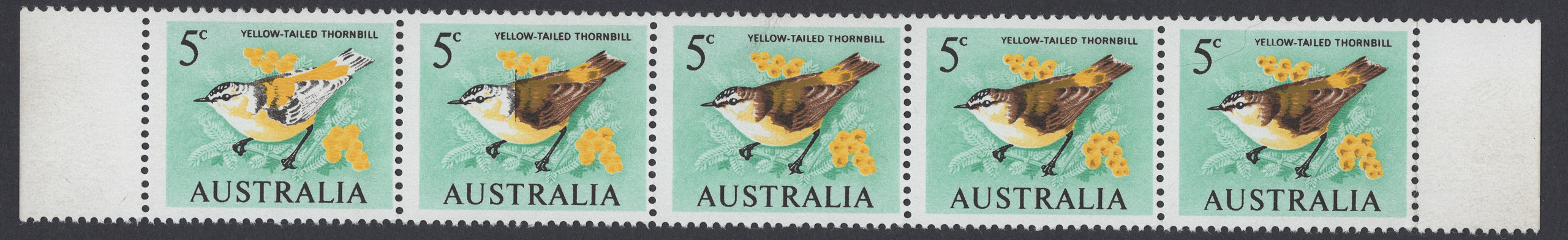 Australia 1966 5c Yellow-Tailed Thornbill Brown Omitted Strip