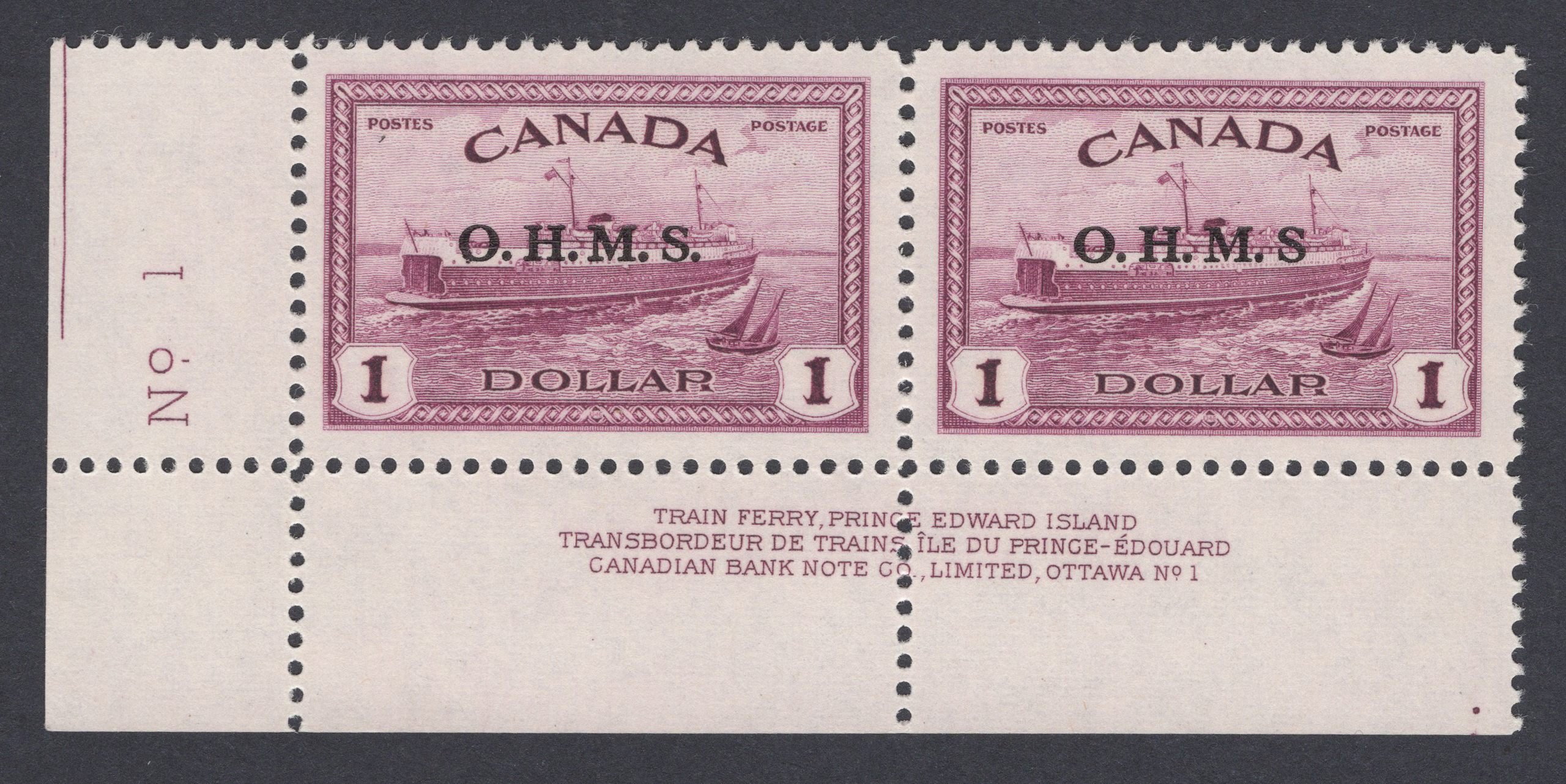 Canada 1949 Official $1 Purple 'O.H.M.S.' Missing Stop After 'S'