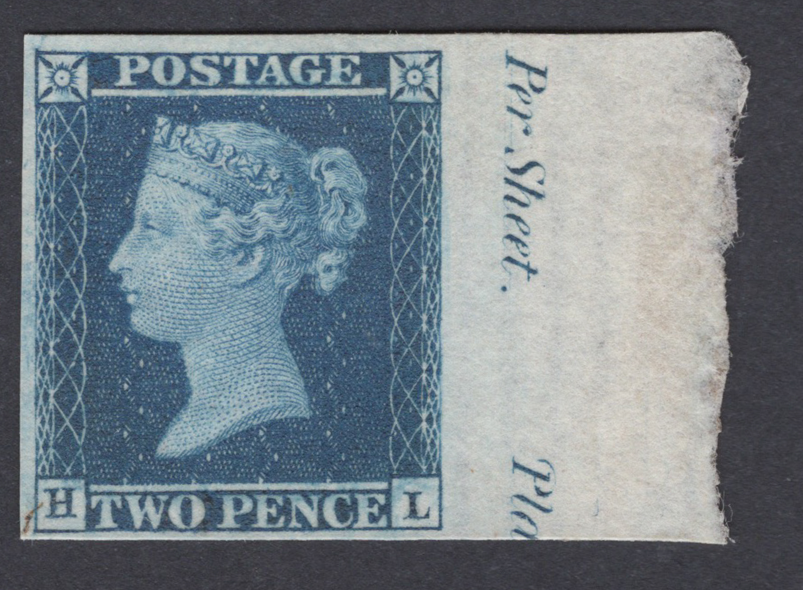1855 2d Blue (Plate VI) Marginal Imperforate Imprimatur