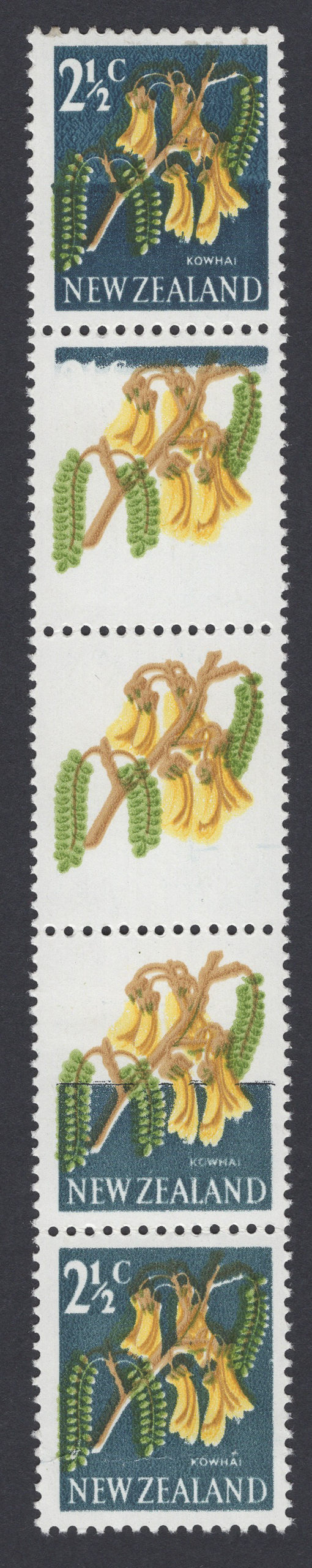 New Zealand 1967 Kowhai 2½c Bluish Green Omitted Strip