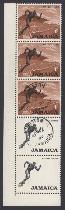 Jamaica 1964 Stadium & Runner 1/- Strip Light Brown Omitted