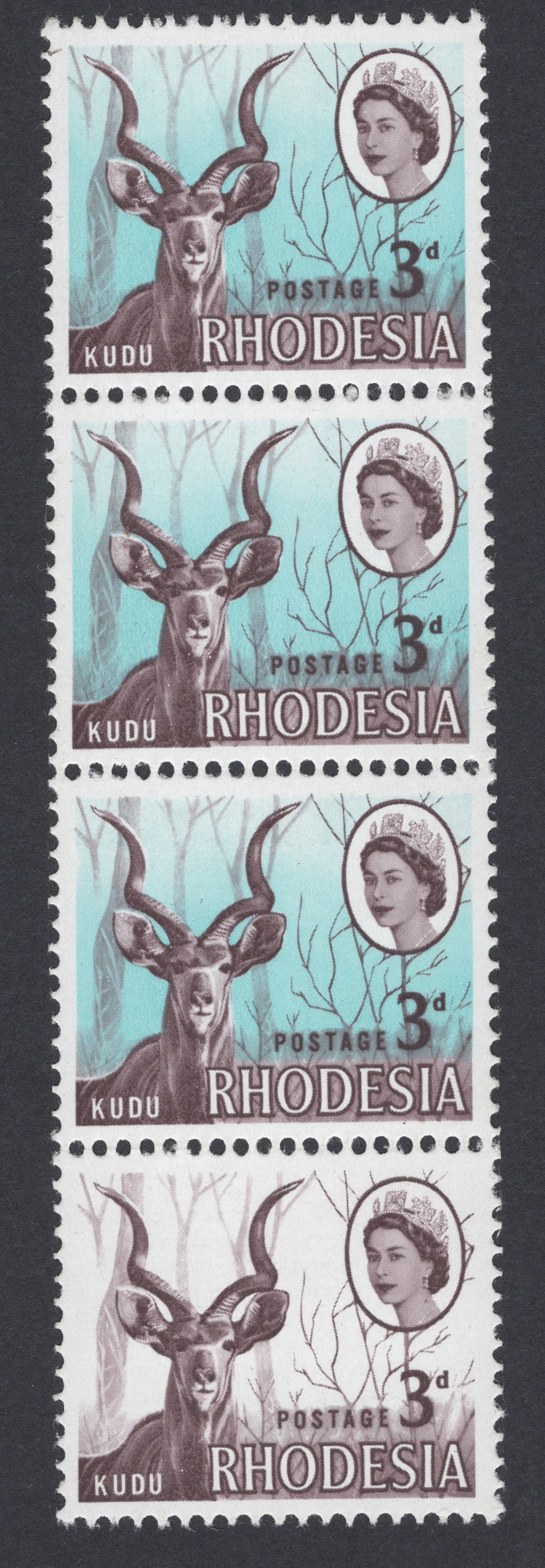 Rhodesia 1966 Kudu 3d Strip Blue Omitted