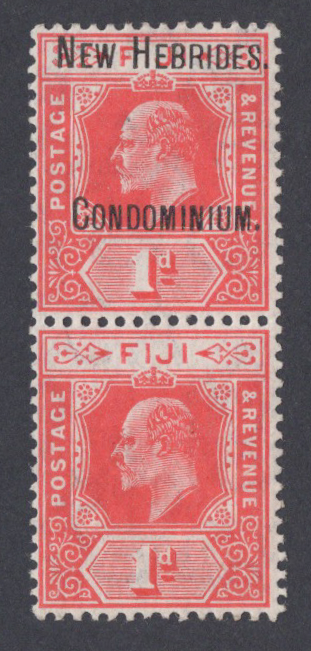 New Hebrides 1908 1d Red Vertical Pair, Lower Stamp Error Overprint Omitted
