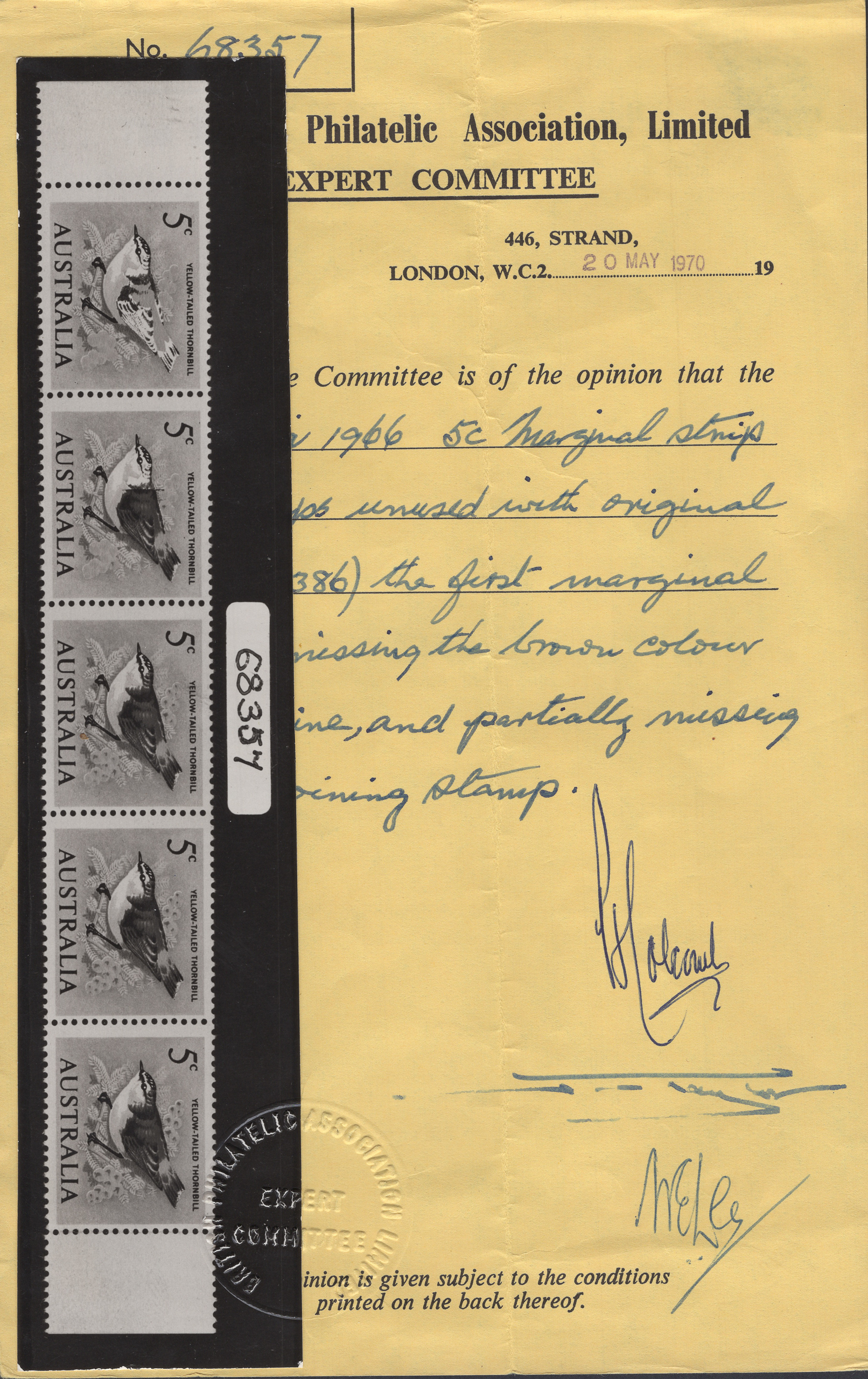 Australia 1966 5c Yellow-Tailed Thornbill Brown Omitted Strip - Image 3