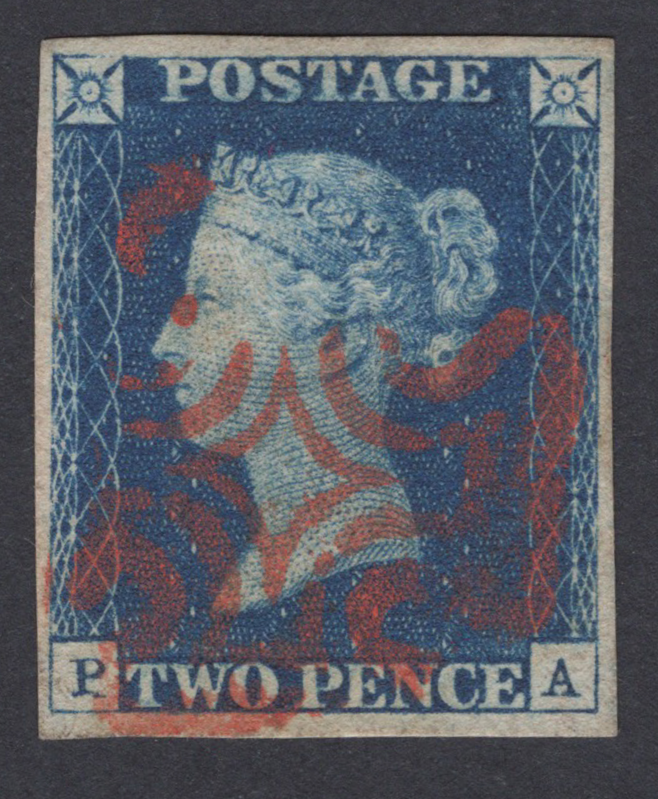 1840 2d Deep Full Blue (Plate II) Lettered P-A Double Letter