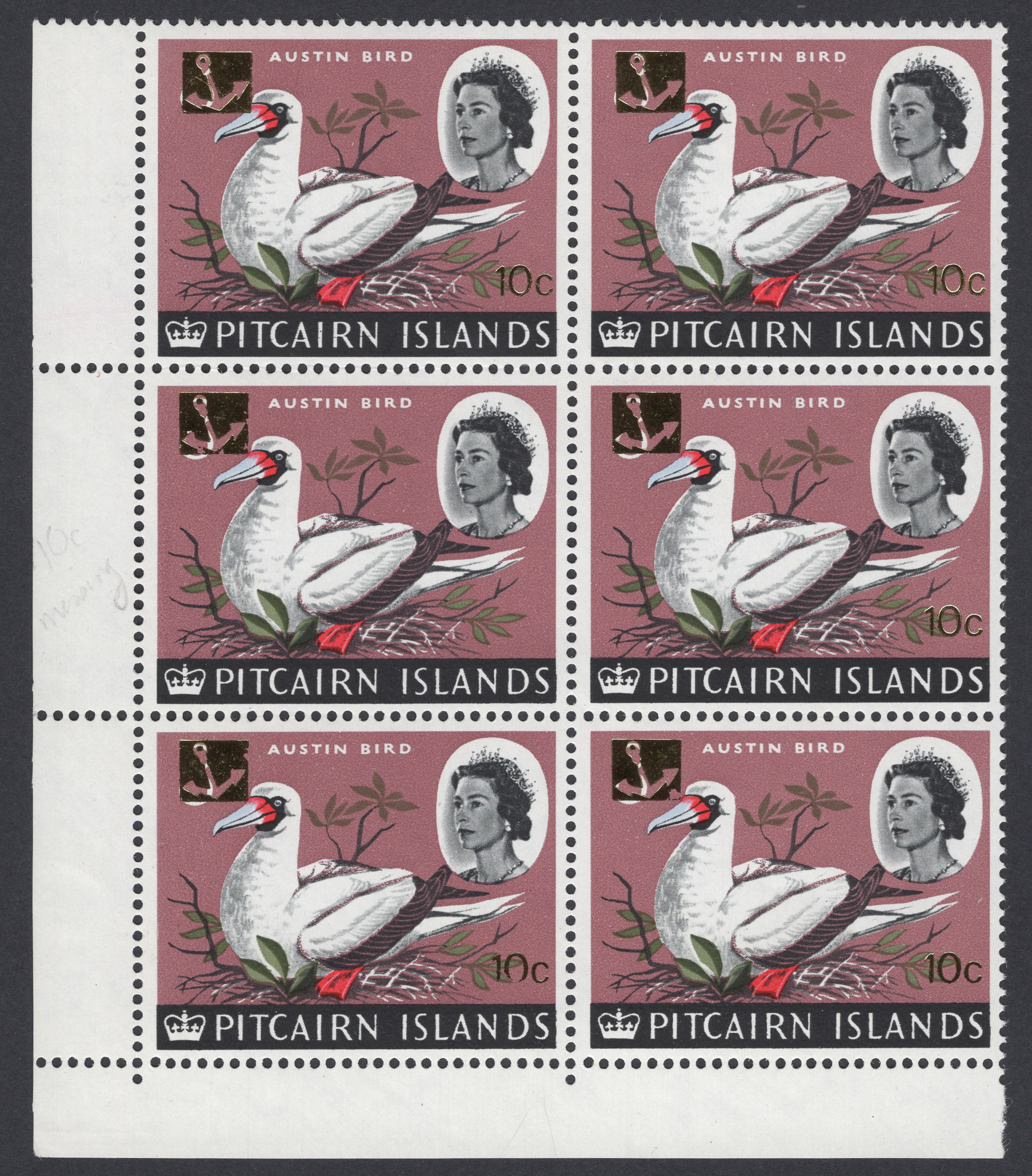 Pitcairn Islands 1967 Red Booby Bird Surcharge Omitted Block