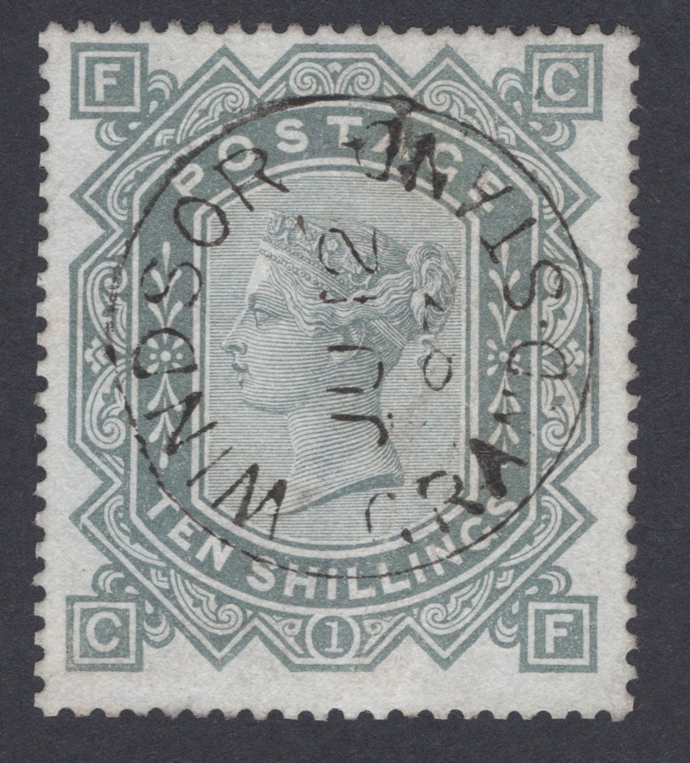 1883 10/- Grey-Green (Wmk. Anchor) Super Used Windsor Grandstand