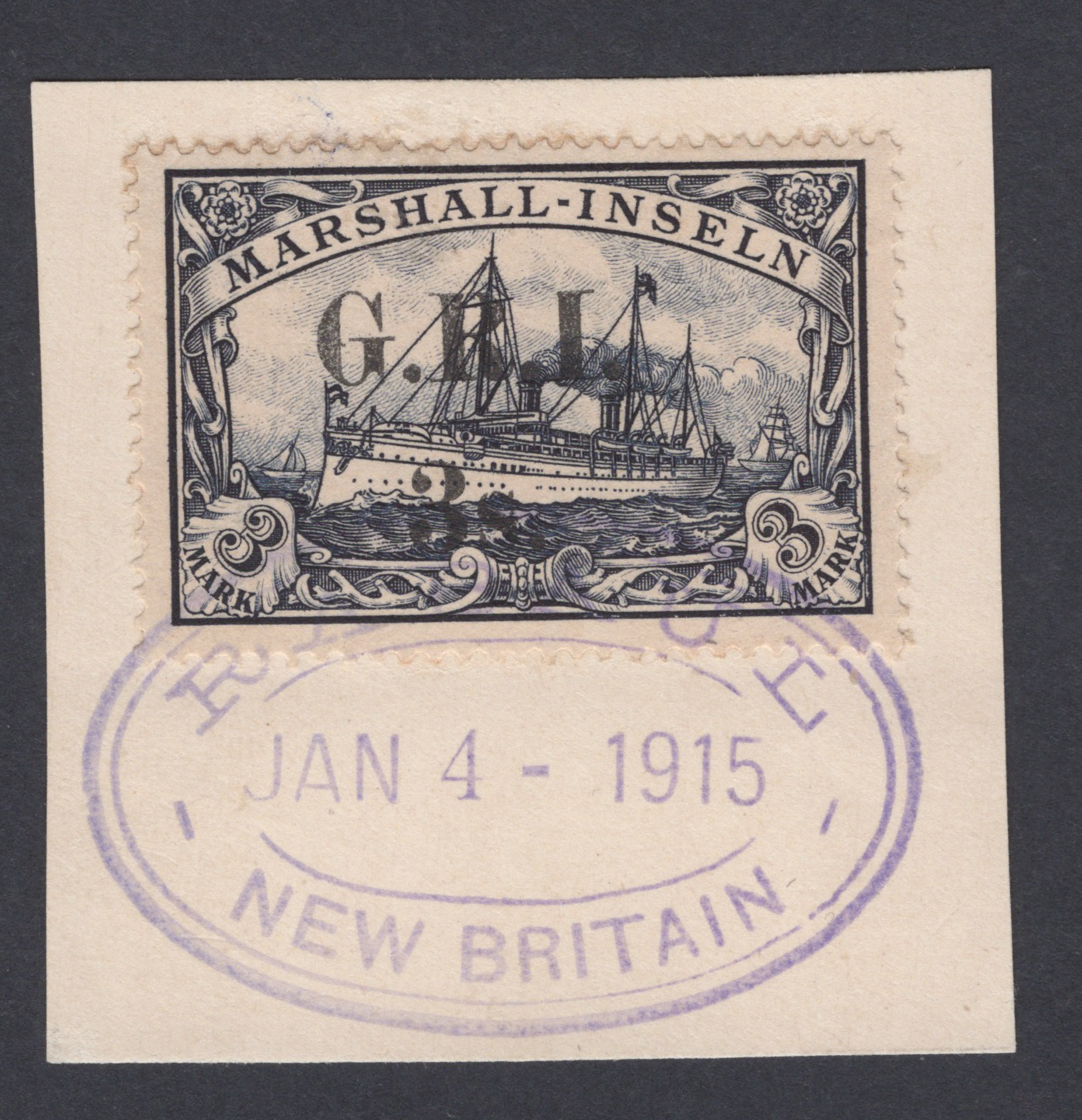 New Guinea 1914 3s. On 3m. Violet-Black Superb Used On Piece
