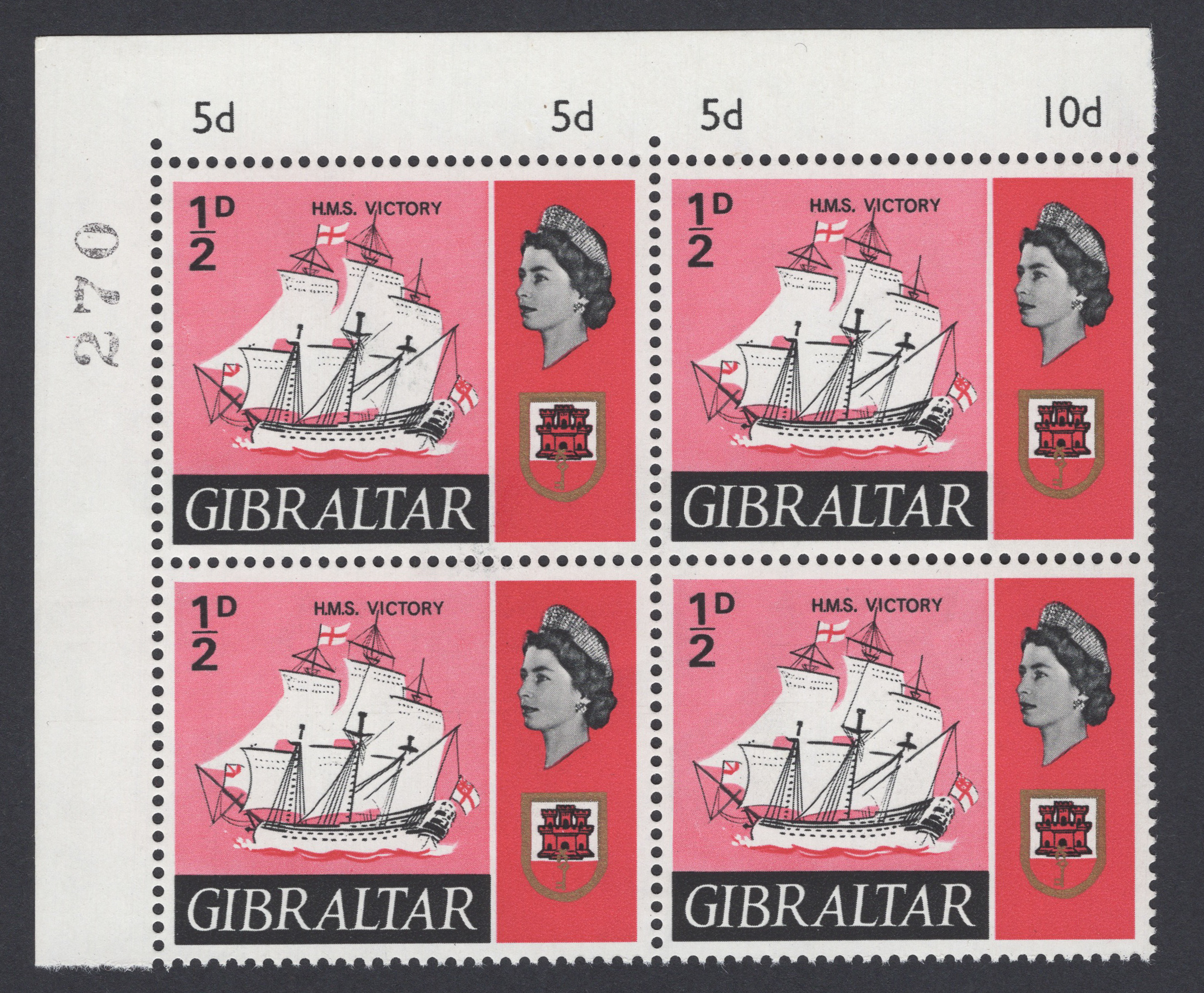 Gibraltar 1967 HMS Victory ½d Grey Omitted. The Corner Block