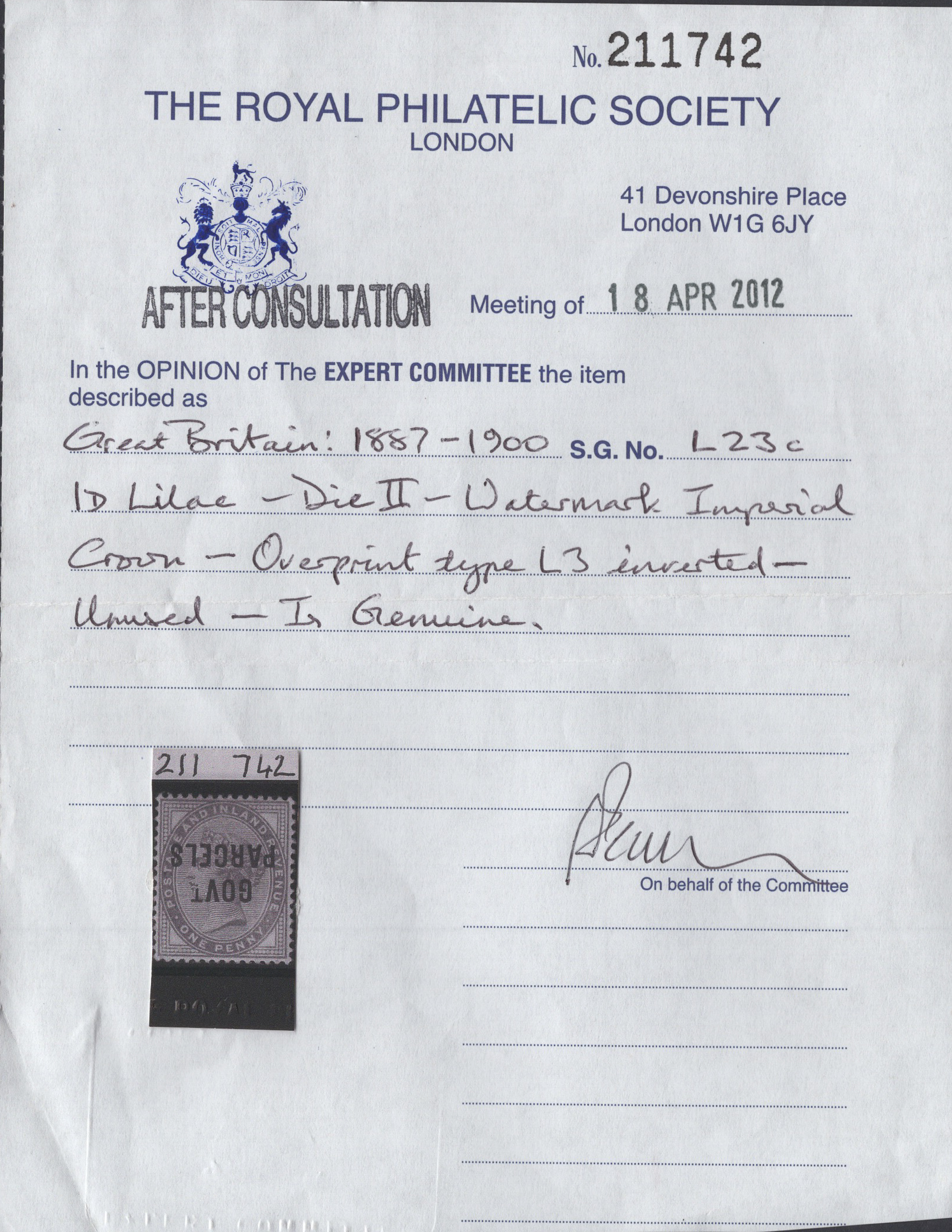 1897 1d Lilac Official GOVT.PARCELS Inverted - Image 3