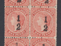 Turks Islands 1881 '½' On 1d Dull Red Block ERROR Double Surcharge
