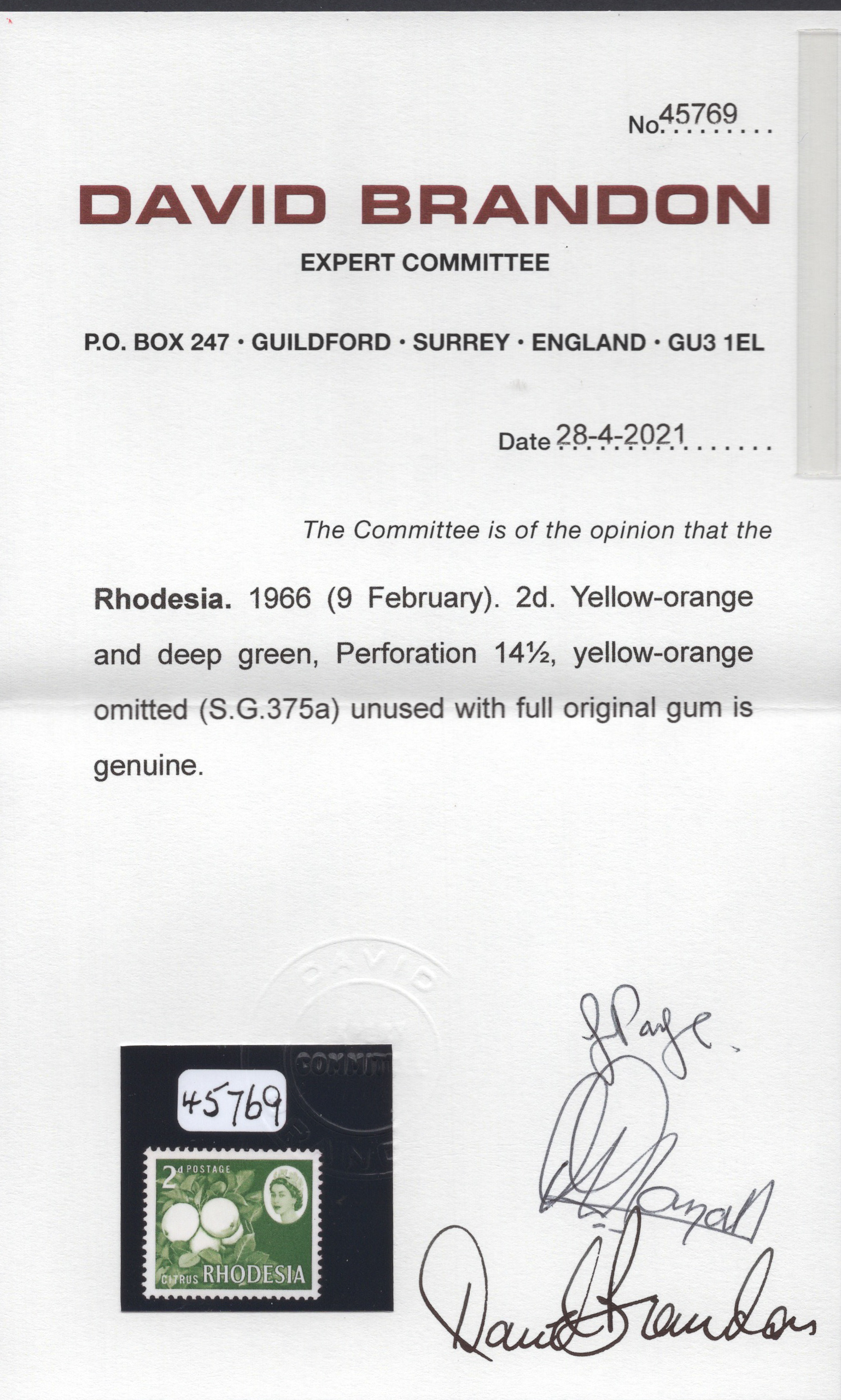 Rhodesia 1966 2d Citrus Yellow-Orange Omitted - Image 3