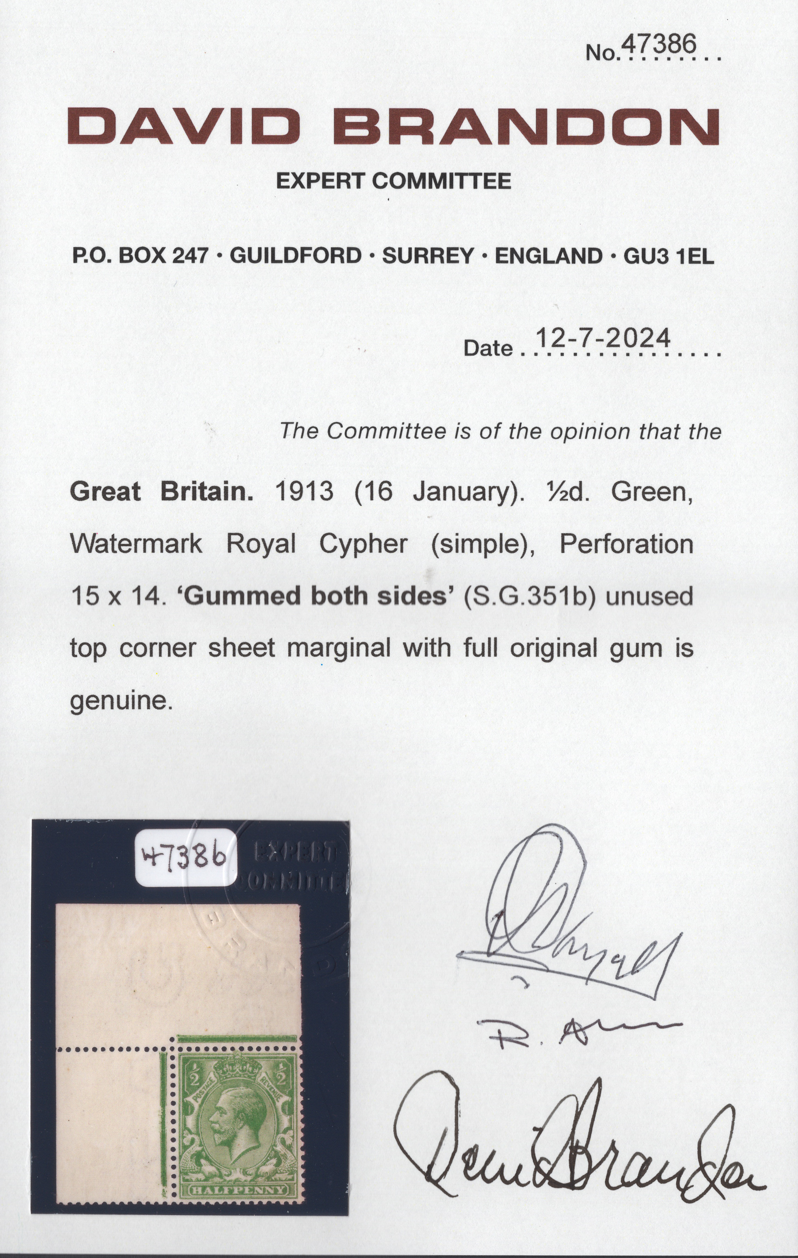 1913 ½d Green Gummed Both Sides Rarity - Image 3