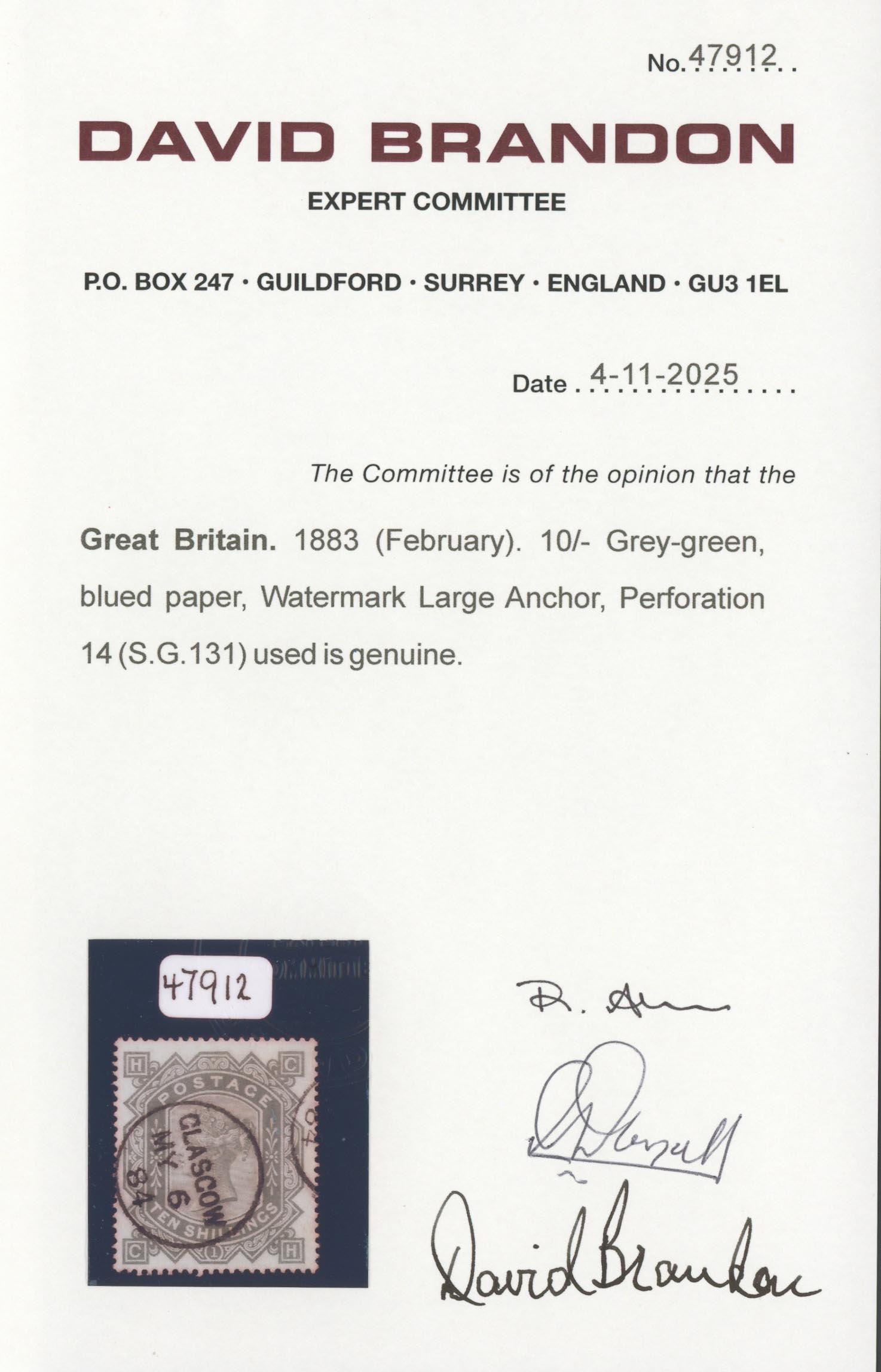 1883 10/- Grey-Green Blued Paper Extremely Fine Used - Image 3