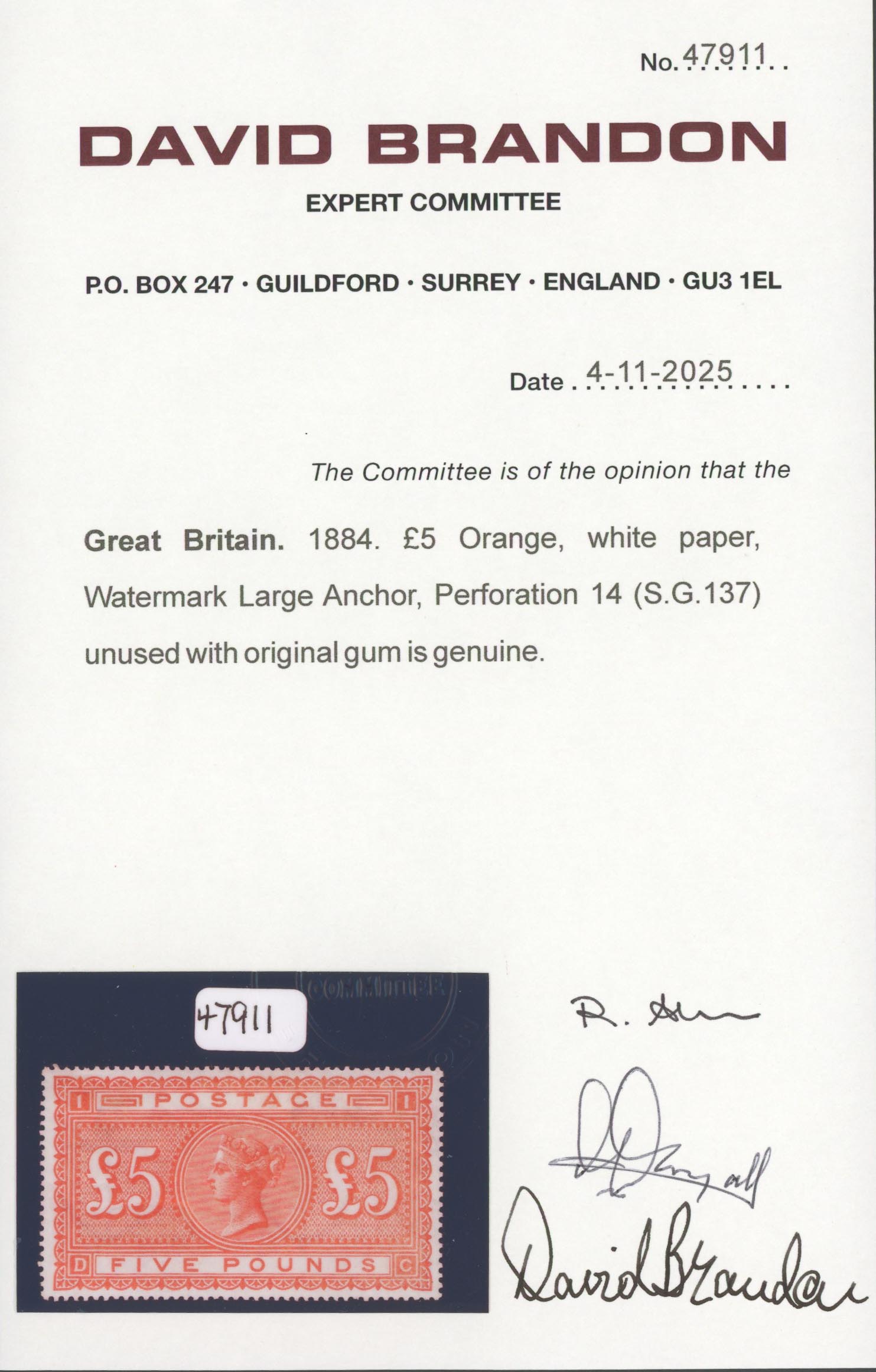 1882 £5 Orange Very Fine & Fresh Well Centred Mint - Image 3