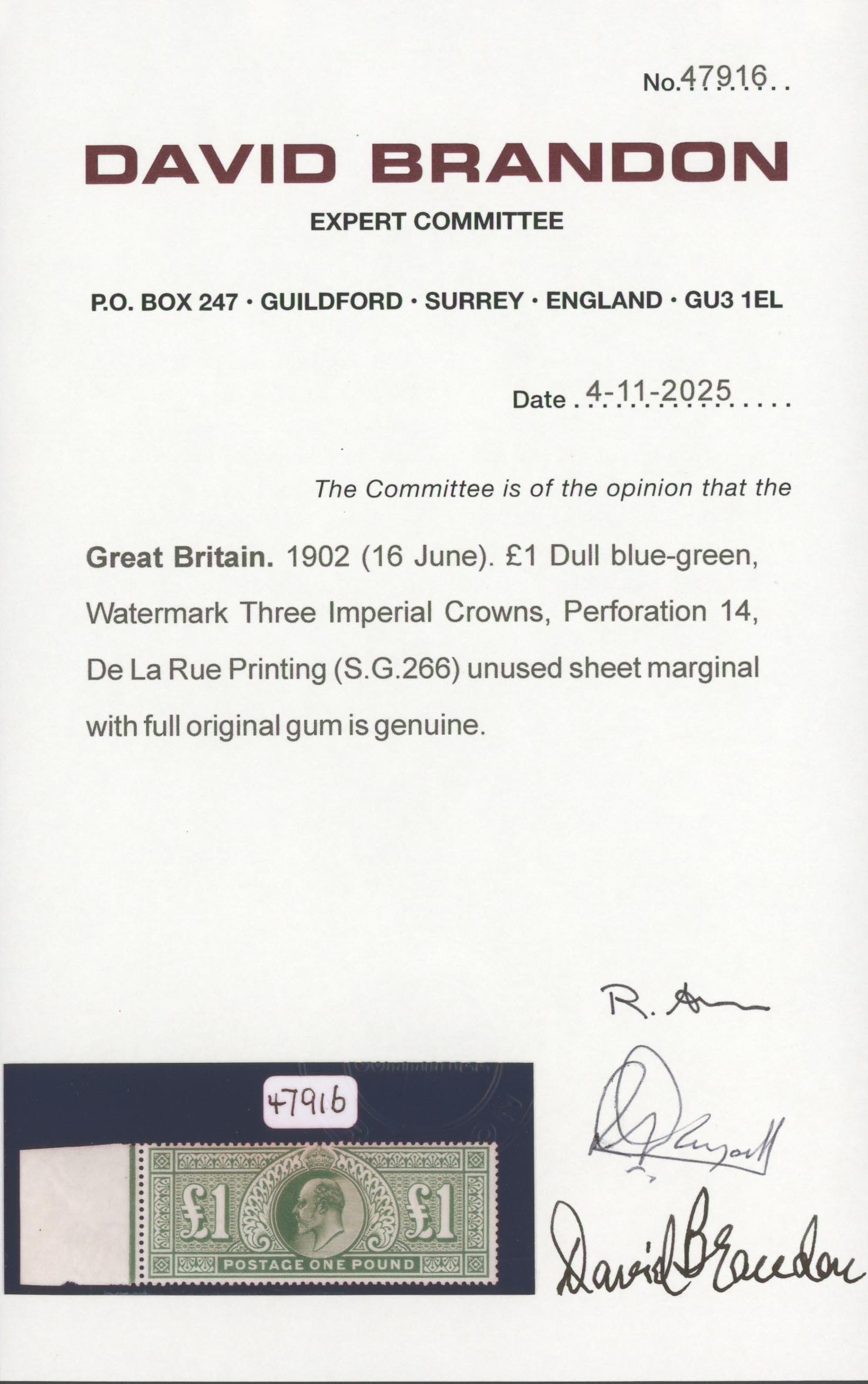1902 £1 Dull Blue-Green Unmounted Marginal Gem - Image 3