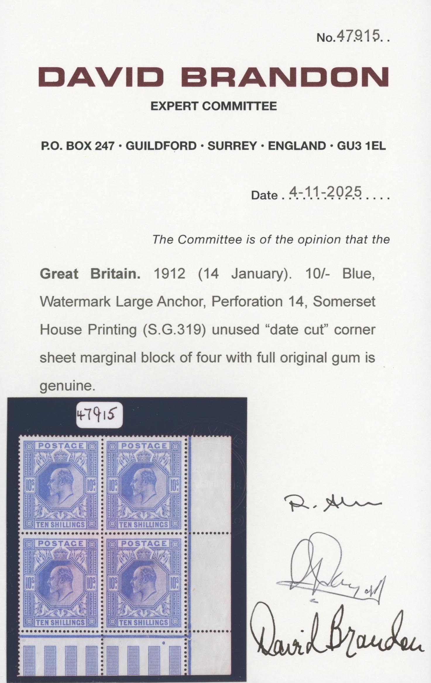 1911 10/- Blue Unmounted Date Cut Block Of Four - Image 3